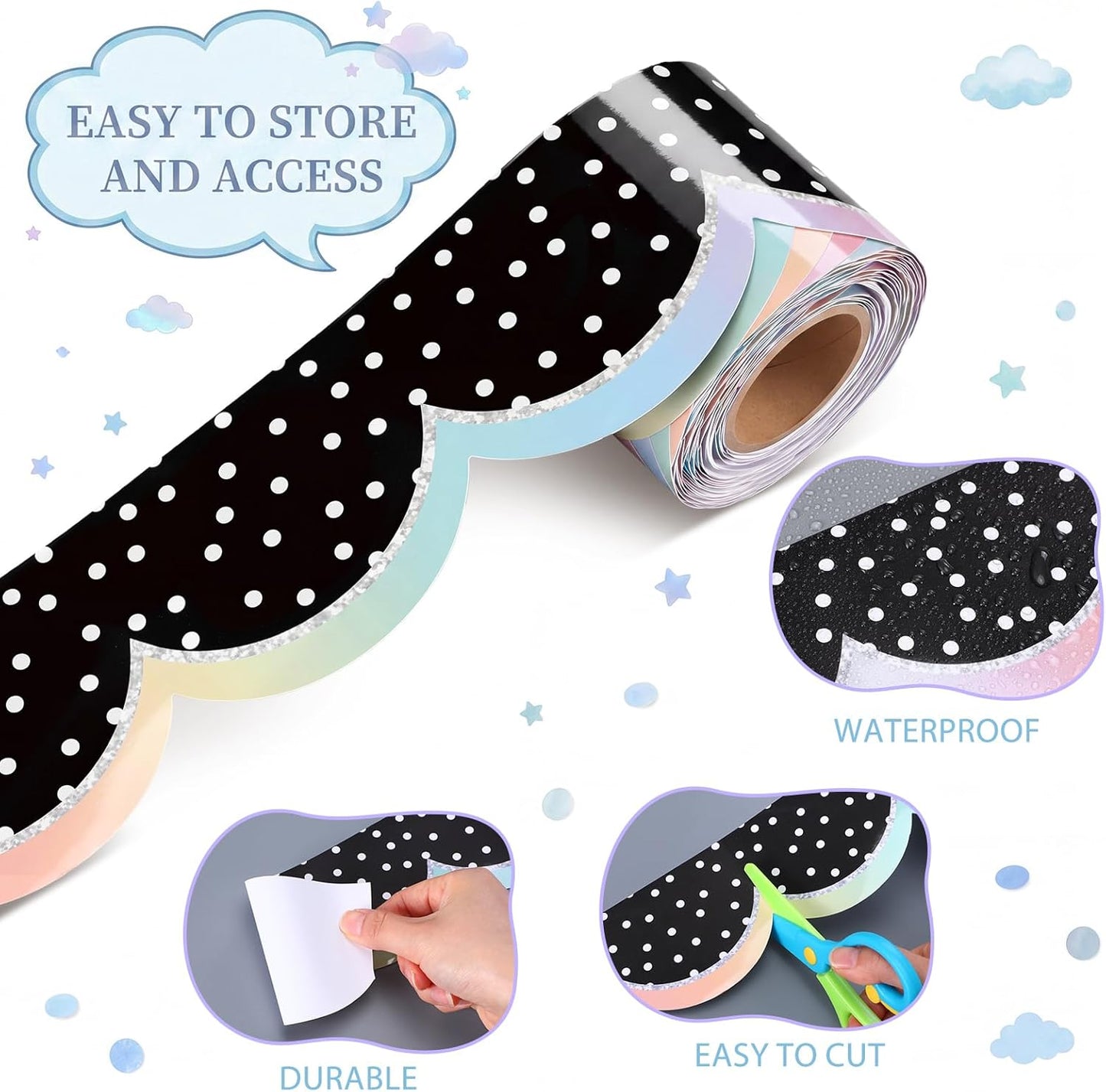 Bulletin Board Borders for Back to School Classroom and White Polka Dot Scalloped / Pastel / Black