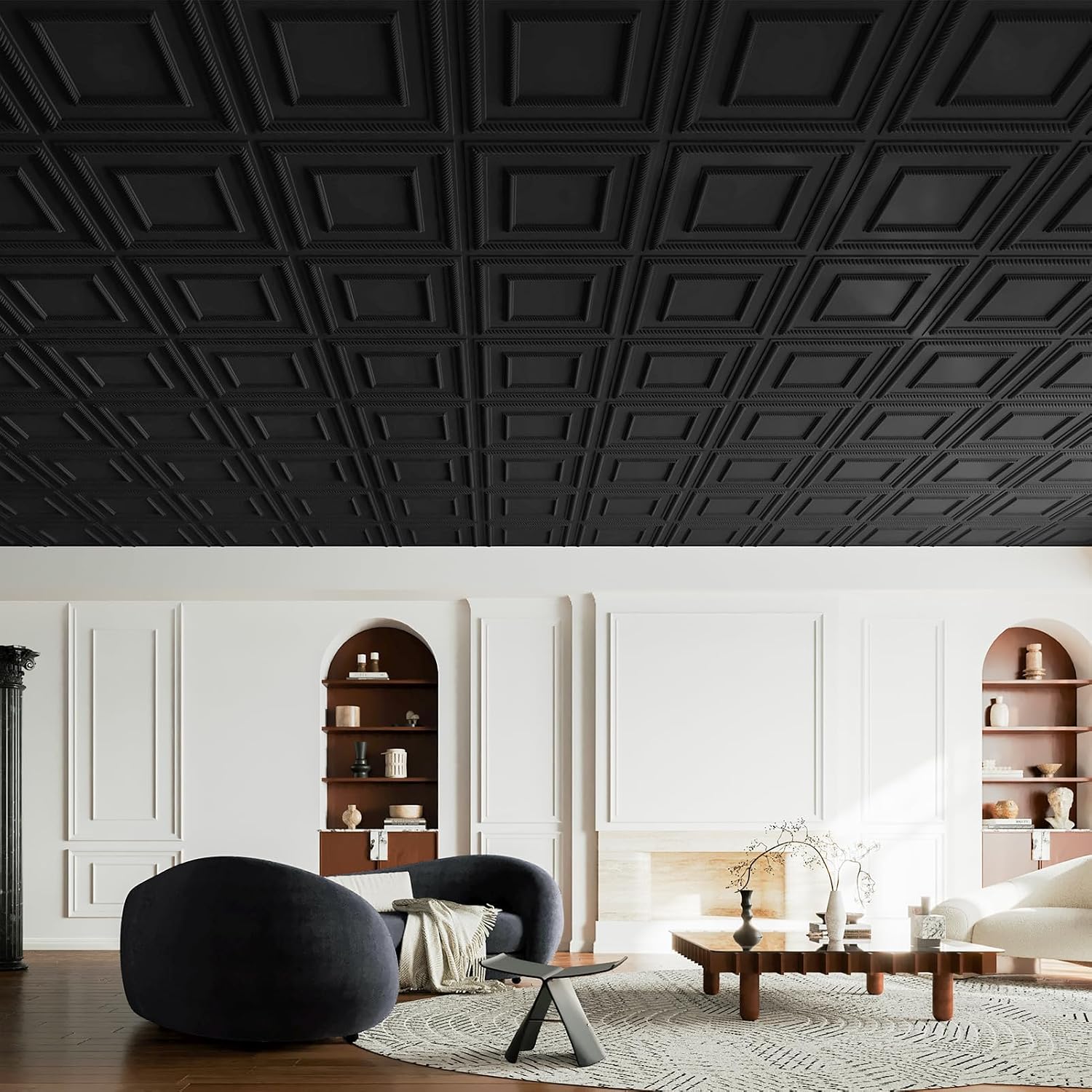 PVC Lightweight Drop Ceiling Tile / Square Black / 24 x 24 / Set of 12