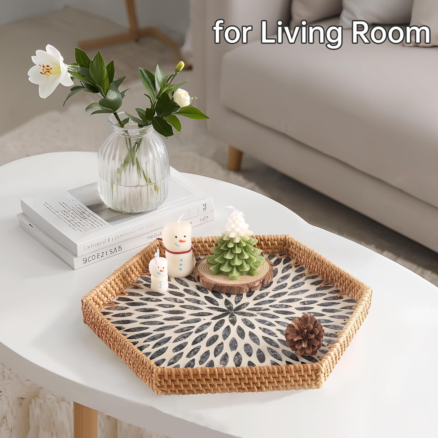 Hexagon Rattan Tray / Black Leaves