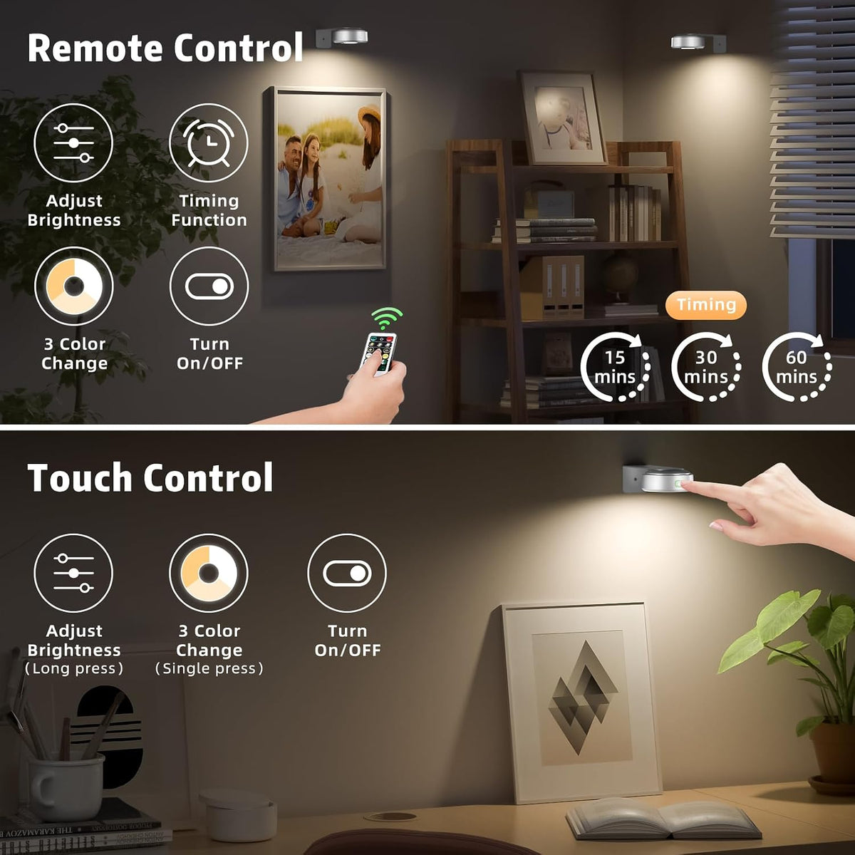 3 Pcs Picture Lights, Rechargeable Battery Operated Dimmable 3-Color Wall Light with Remote & Timer for Paintings