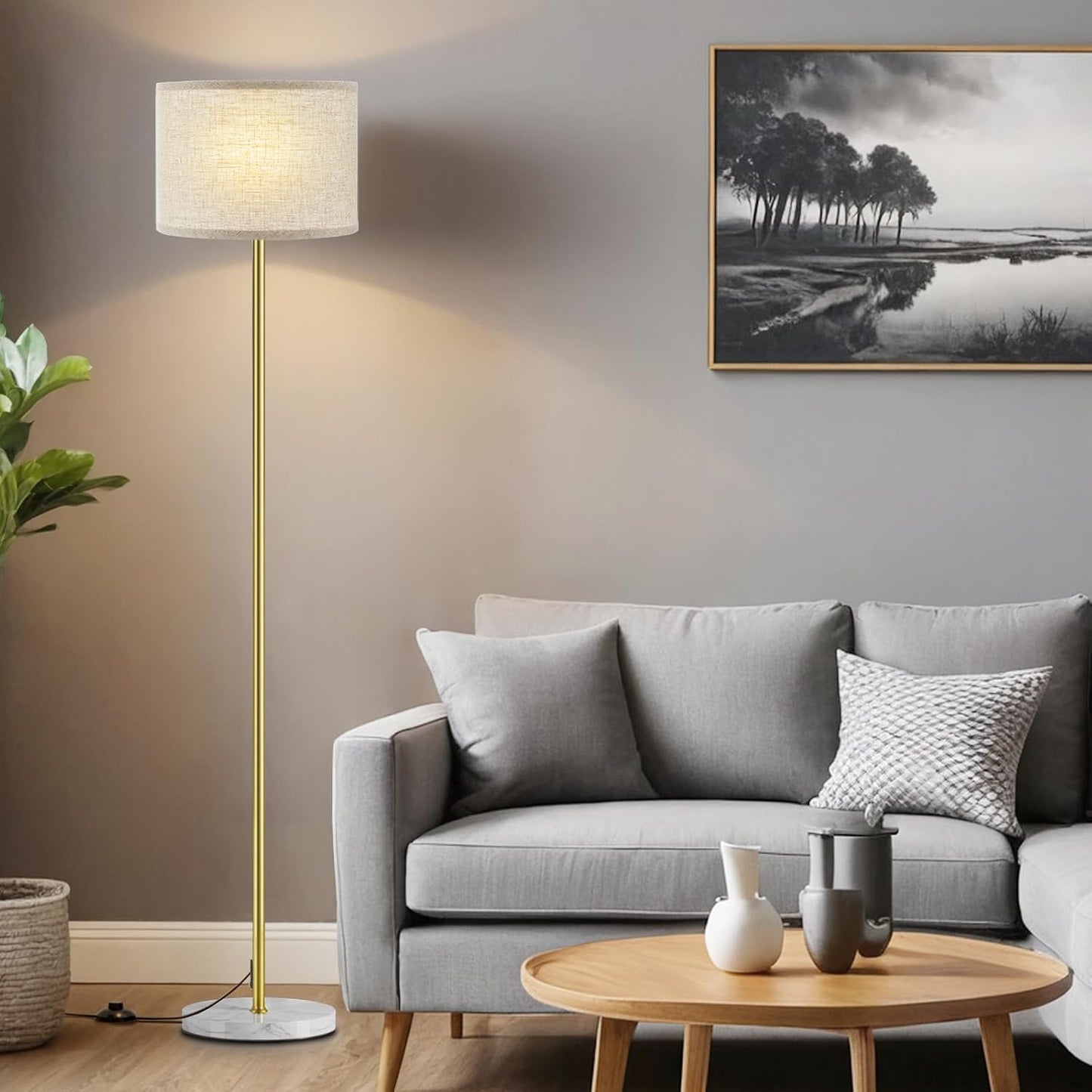 Ambimall 60'' Modern Floor Lamp with Shade, Tall Lamps for Living Room, Bedroom, Office, Dining Room, Gold Standing