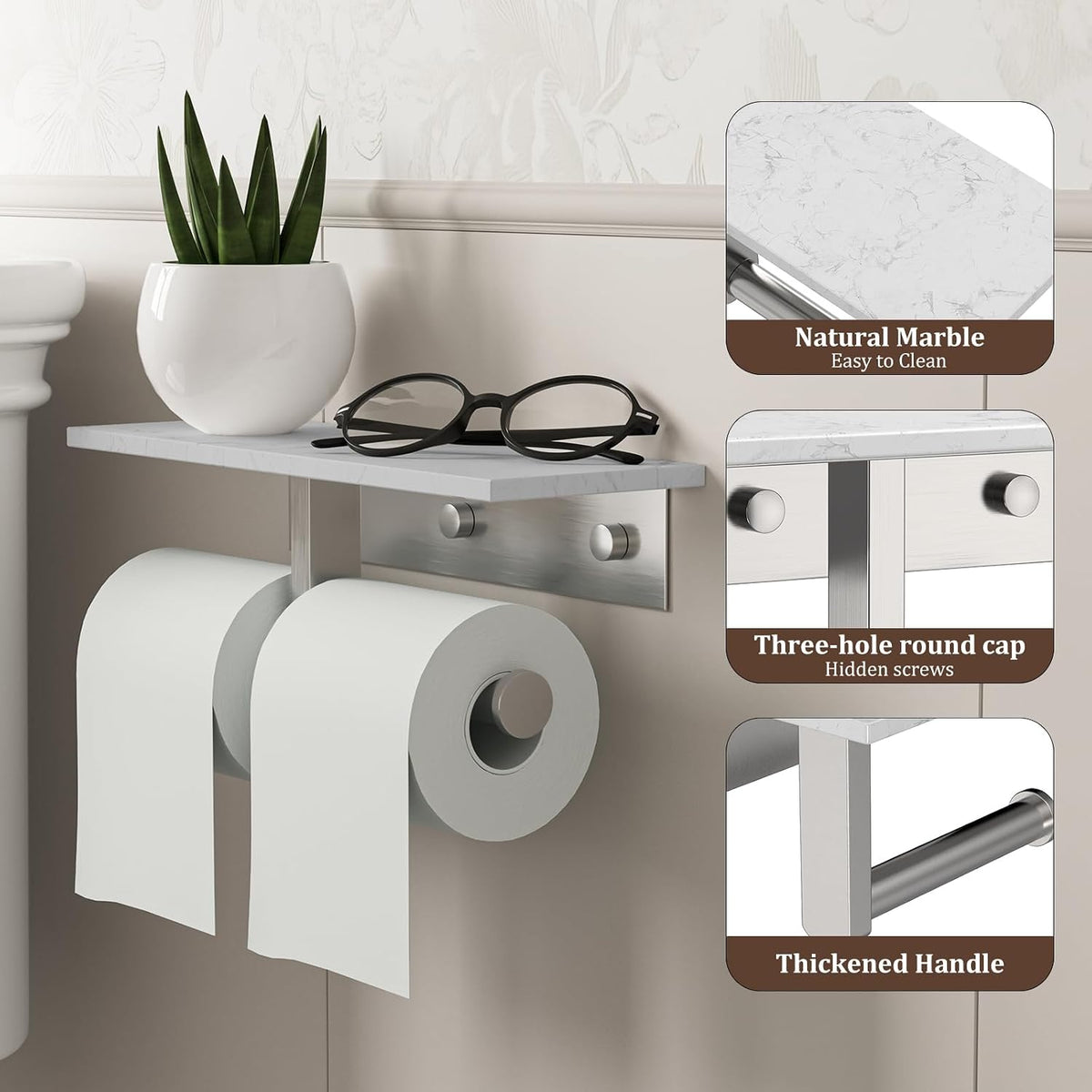 BWE Double Toilet Paper Holder with Shelf Wall Mounted Tissue Roll Holder | Commercial Toilet Paper Dispenser for