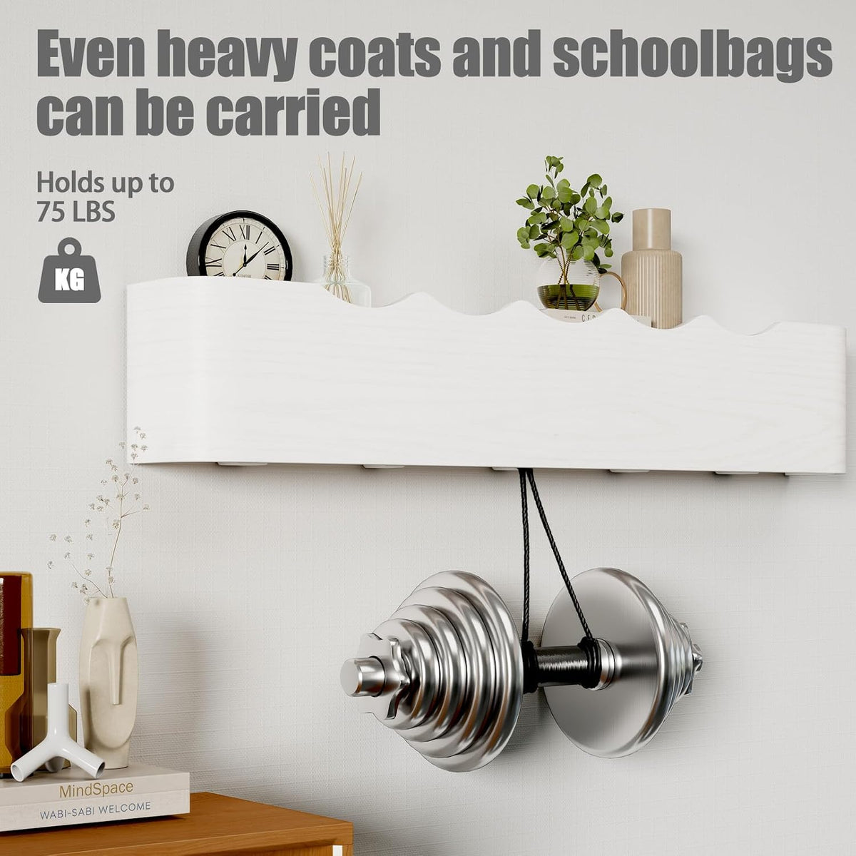 Coat Rack Wall Mount with Shelf 5 Hidden Hooks Modern Wooden Key Holder Entryway Organizer for Hallway Bedroom Bathroom