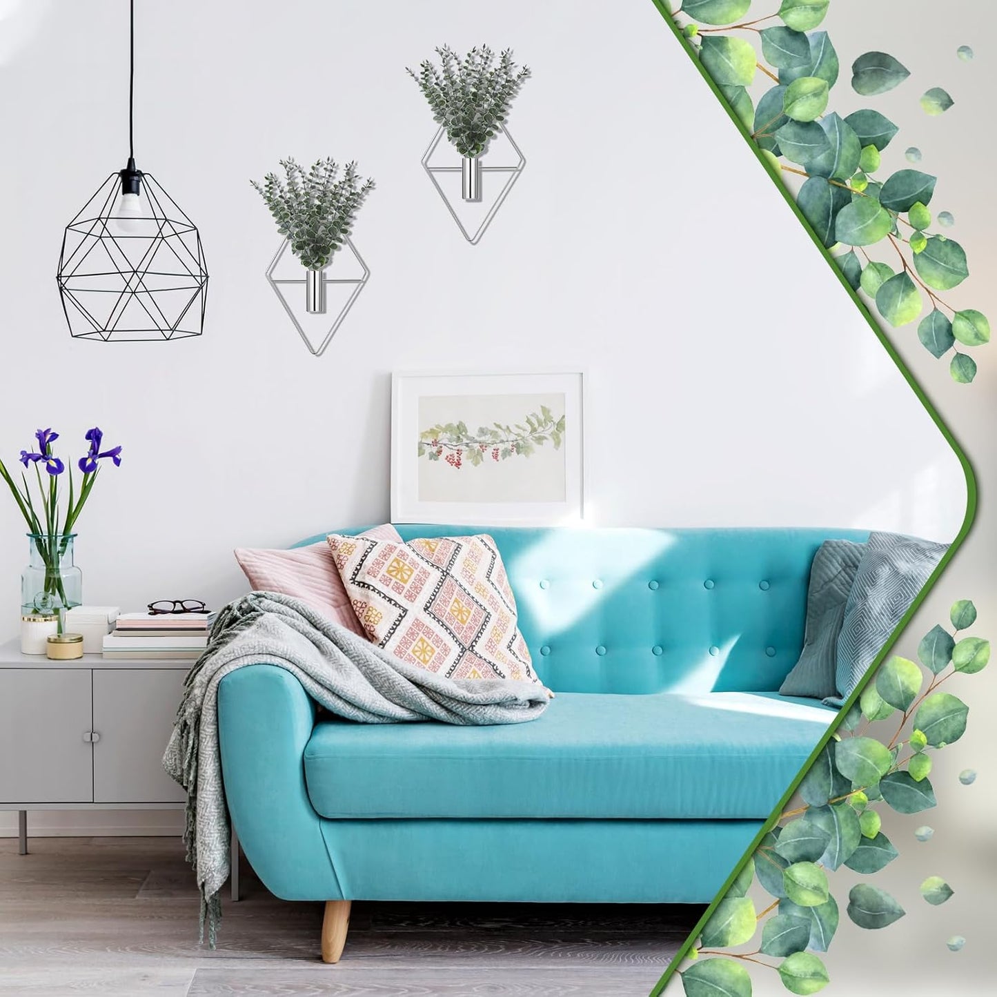 Chrome Wall Decor Metal Hanging Vase Indoor Plants / Chrome Sliver / Eucalyptus / Silver / Set of 4
