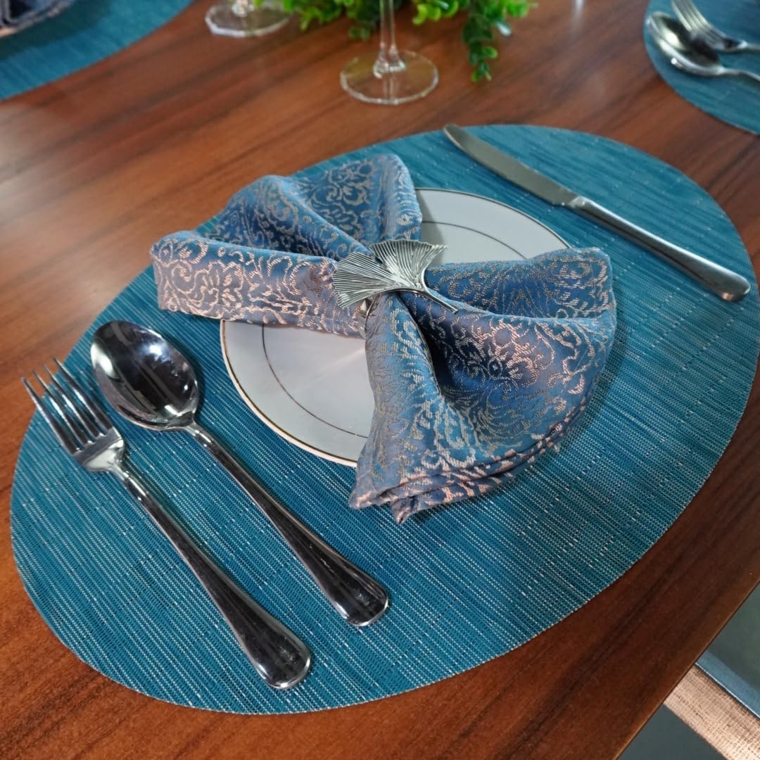 WAZAIGUR Oval Placemats Set of 8 for Dining Table Washable, Blue | Easy to Clean Imitation Bamboo Woven Vinyl Heat