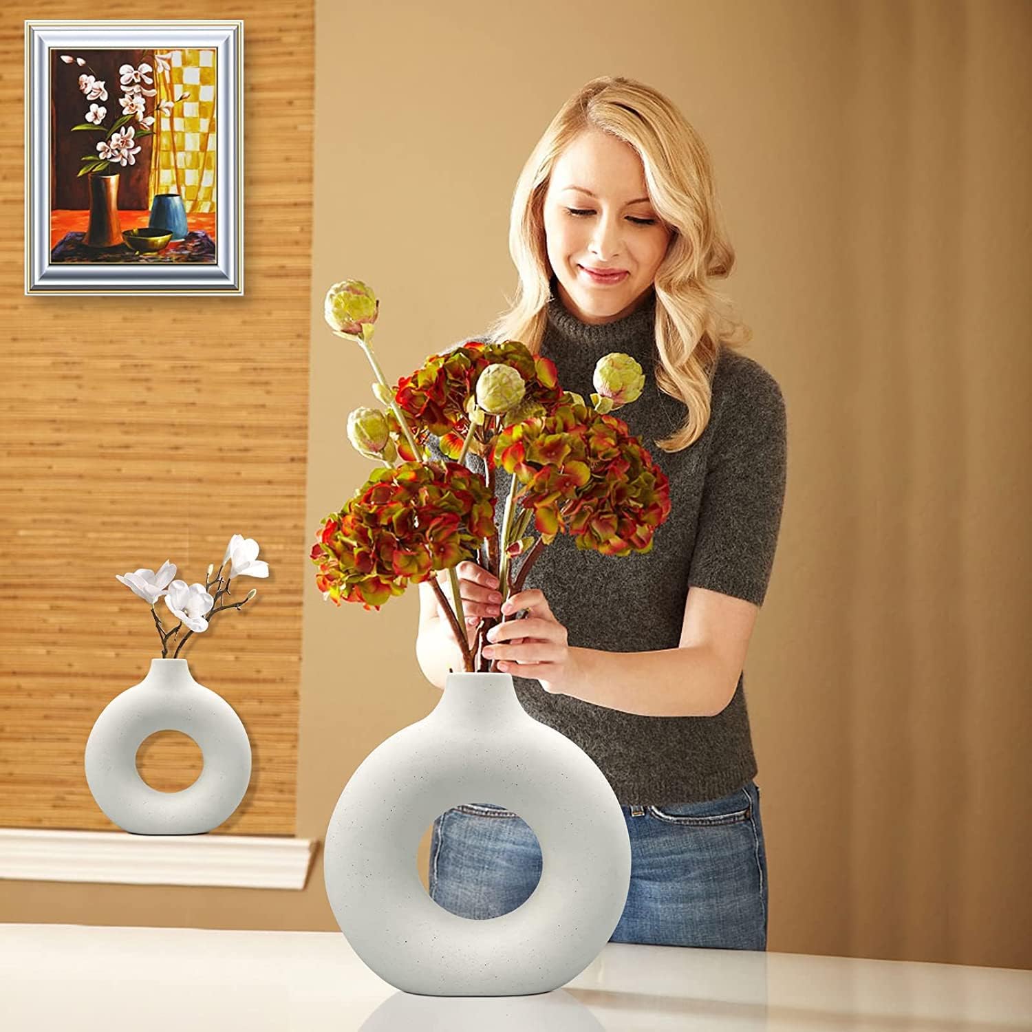Round Matte Boho Vase for Decor / White / Small + Big