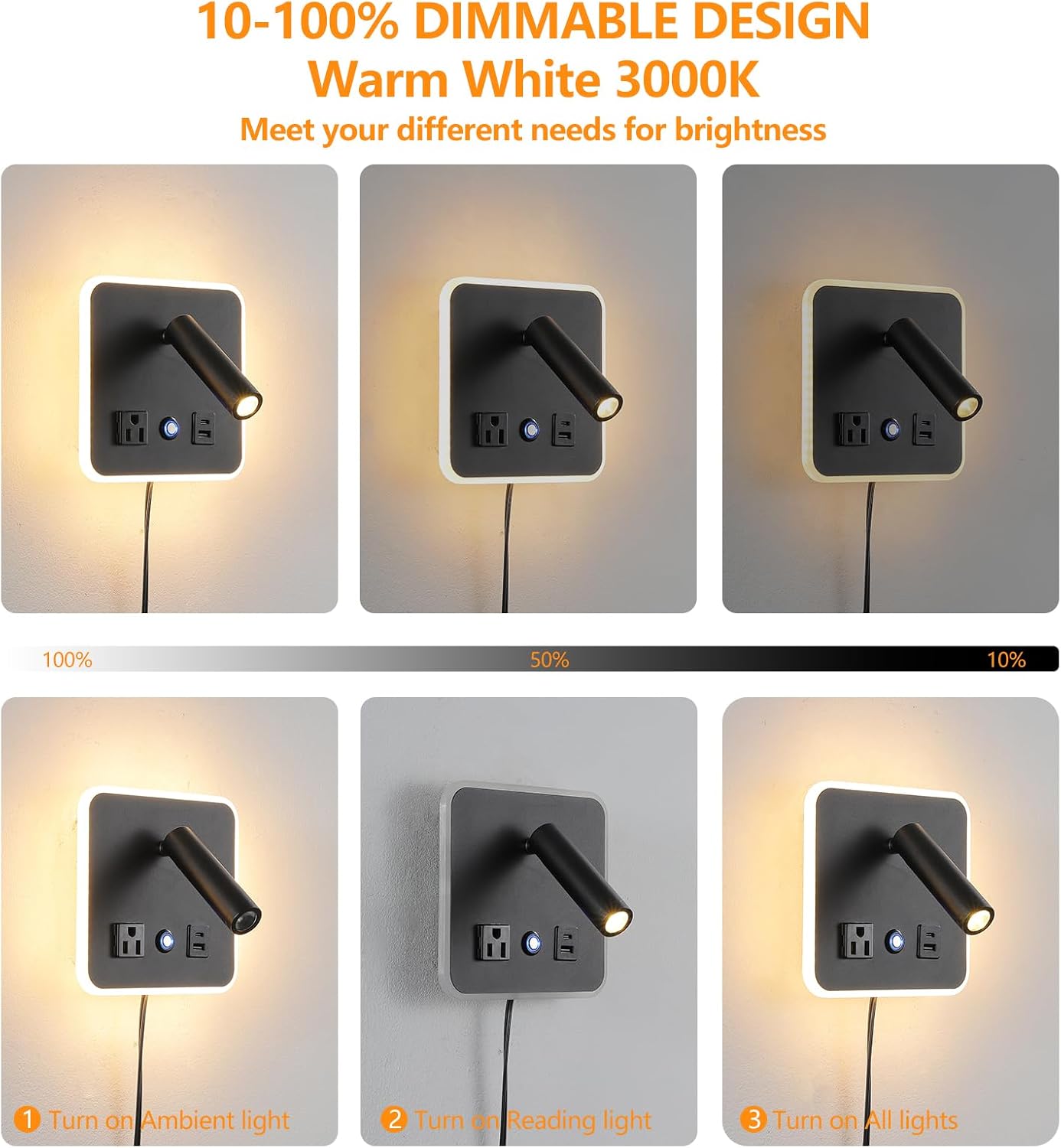 Dimmable LED Wall Reading Lamp with USB-A/USB-C Ports, 3000K, Black | Separate reading and ambient backlight controls