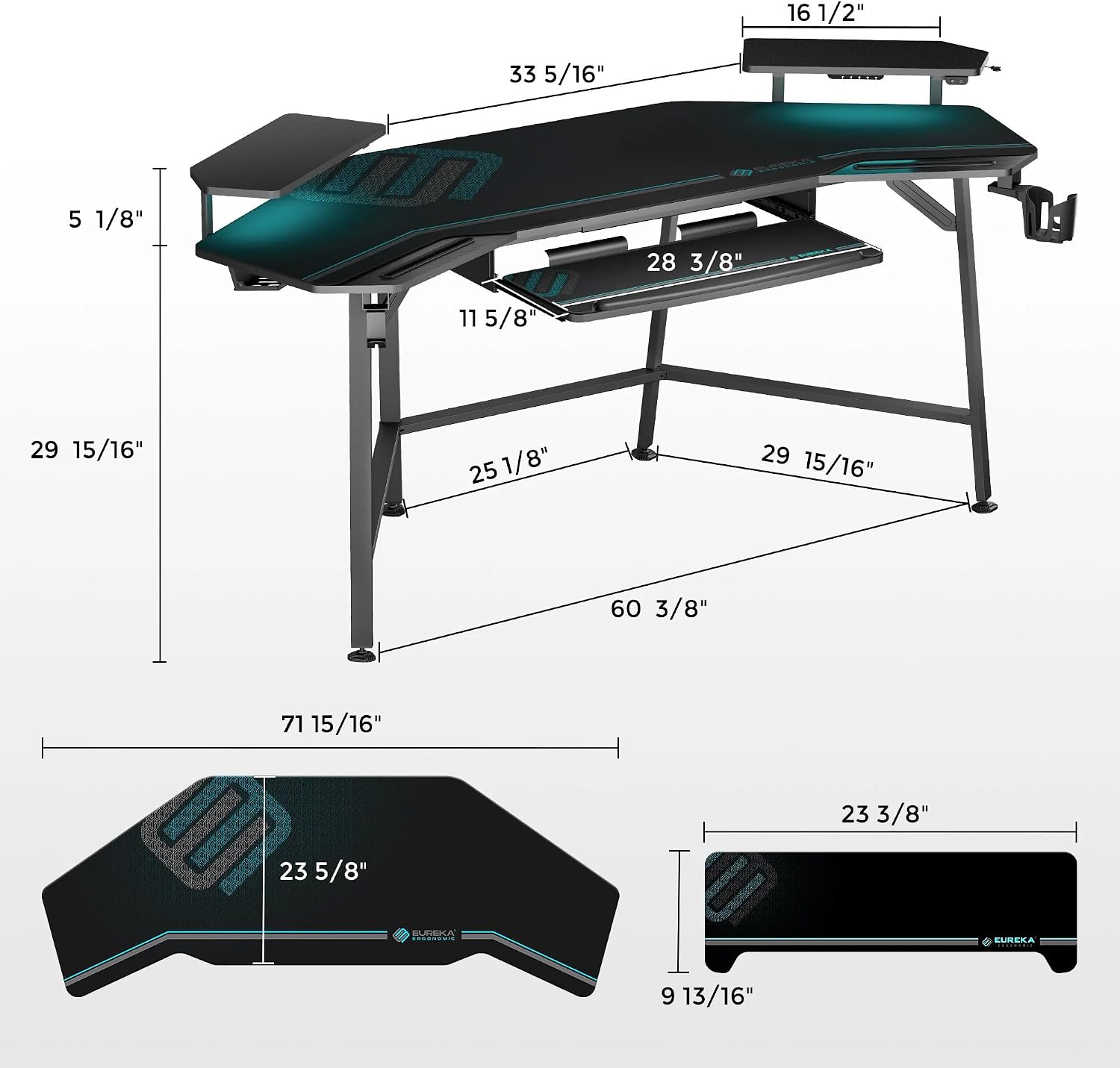 EUREKA ERGONOMIC Gaming Desk Wing Shaped Keyboard Tray 72 Inch Black | LED monitor stand with dual headphone hooks and
