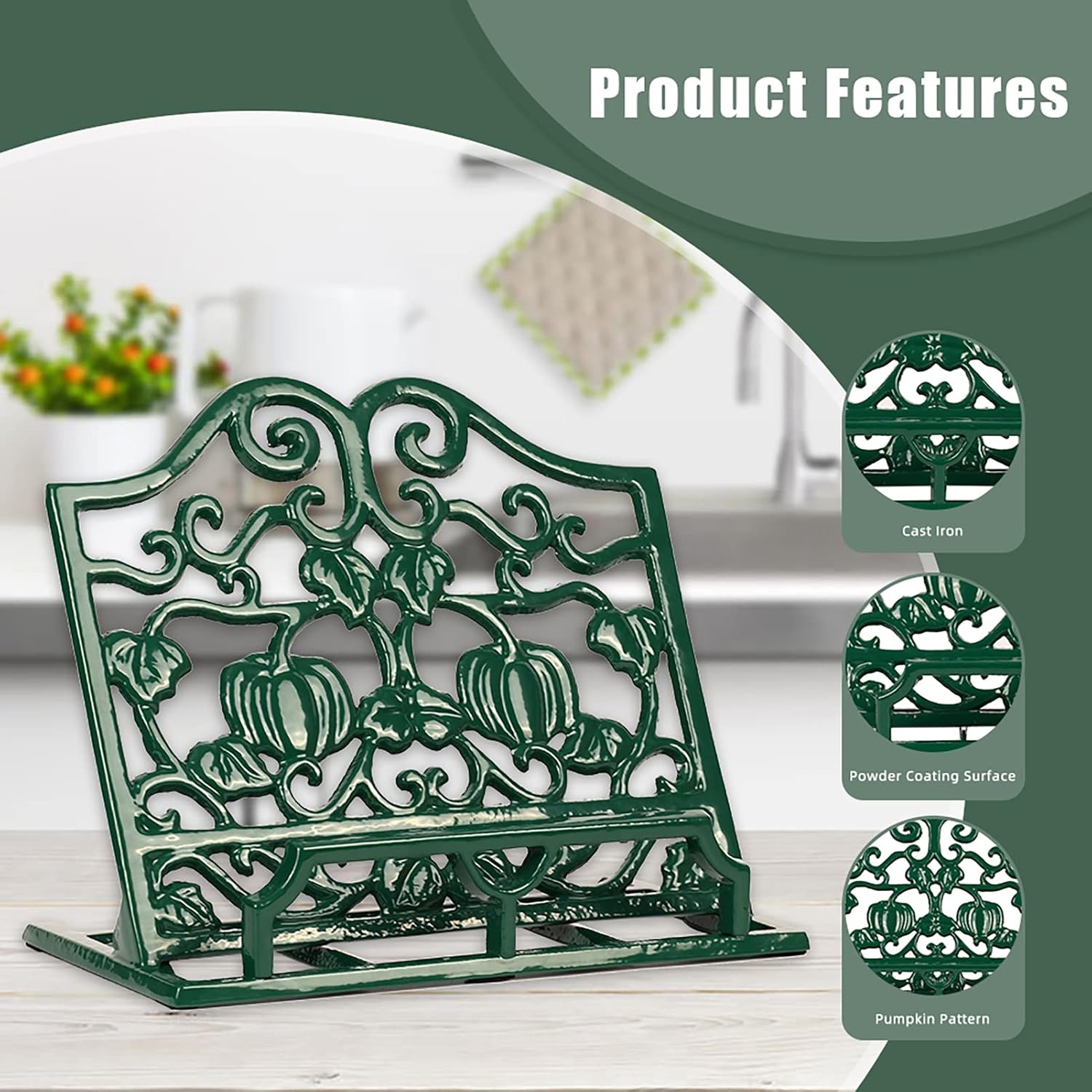 Vintage Cookbook Stand, Durable Wrought Cast Iron Recipe Book Holder for Kitchen Counter, Large Metal Cook Book Stand