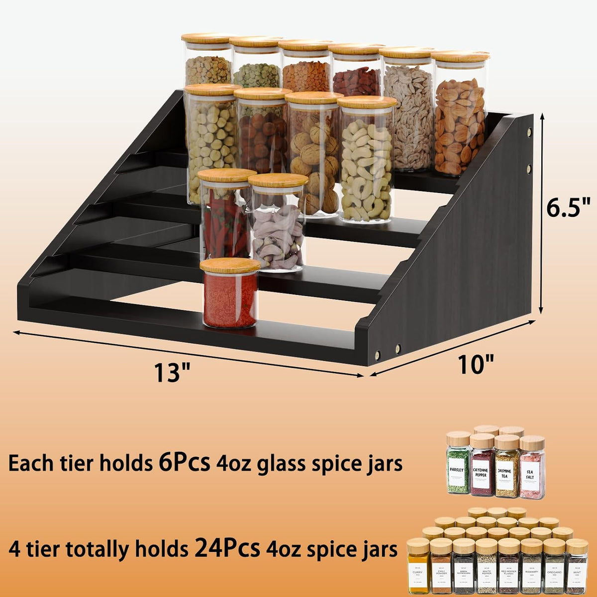 Solid Wood Spice Rack Organizer for Countertop & Cabinet, 4 Tier Adjustable Wooden Spice Shelf with Sliding Track