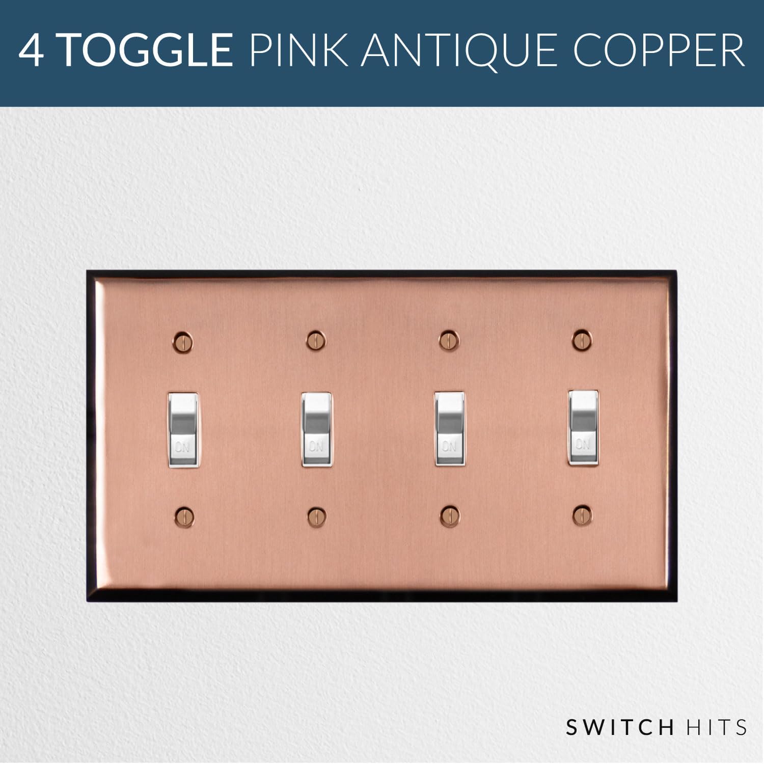 Pink Antique Copper Outlet Wall Plate | 4 Toggle | 8.25" x 4.5" | Hand-Polished Brass Construction | Electrical Switch