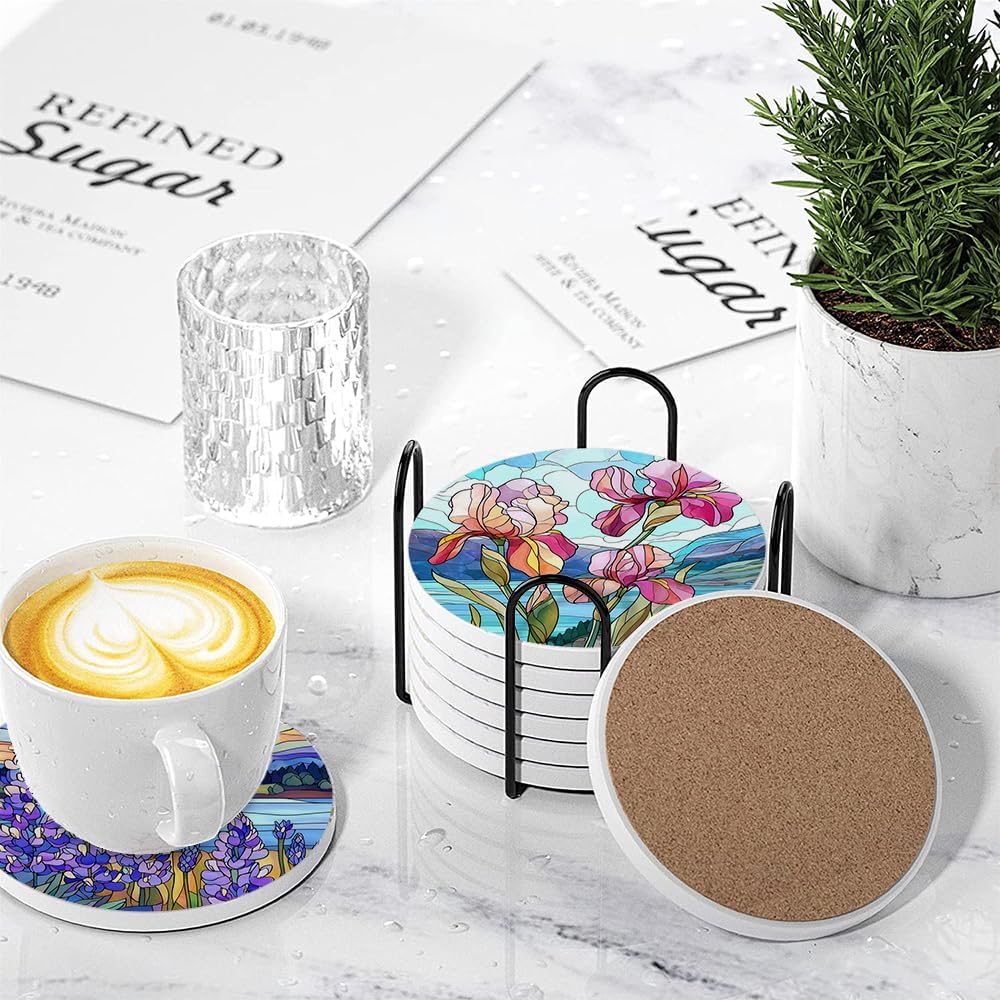 Holder / Drink Absorbent Coasters / Stained Glass Flowers / Round / Set of 6