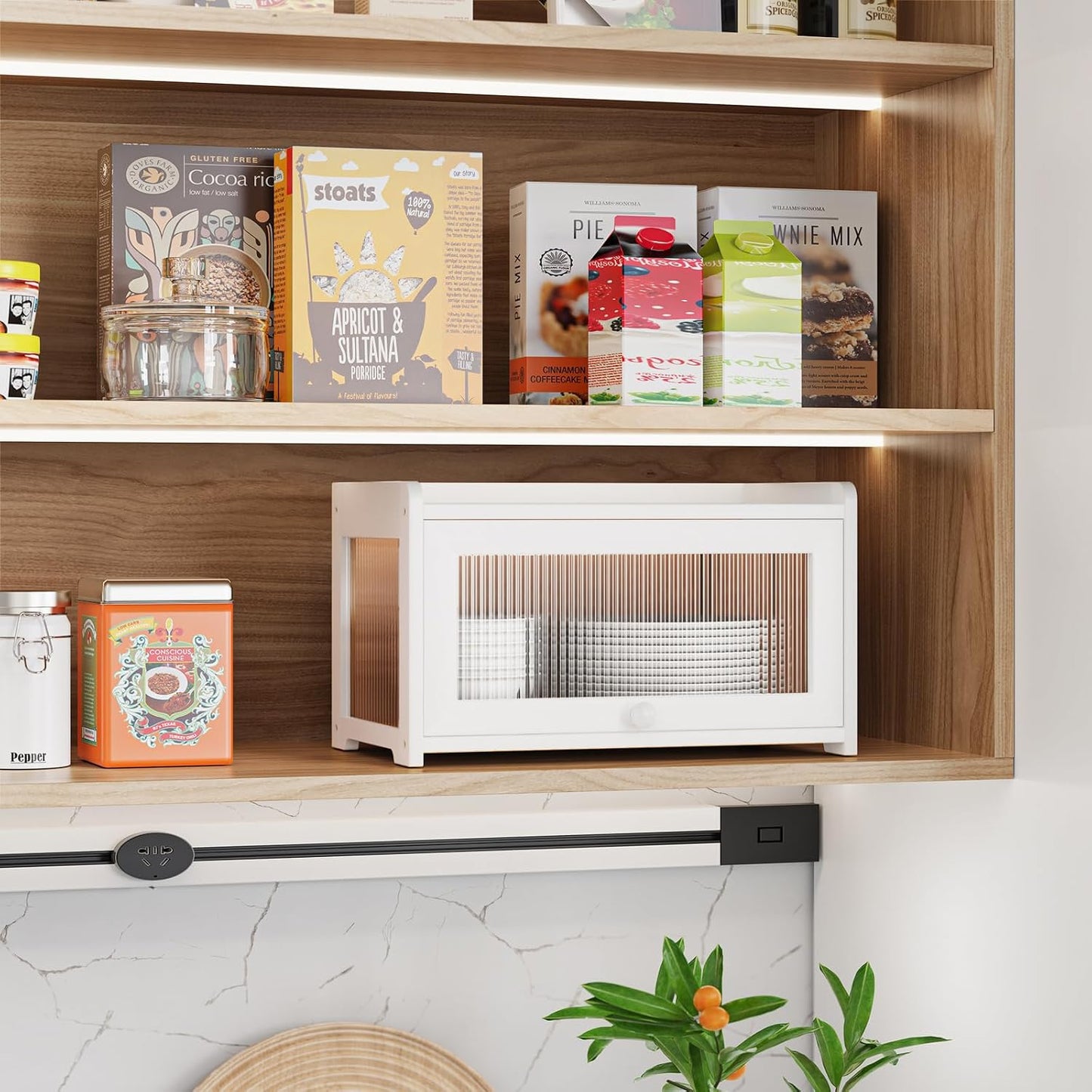 BAMBANG Bamboo Bread Box for Kitchen Countertop, Extra Large Farmhouse Bread Box with 4-Side Clear Panels, Wooden Bread