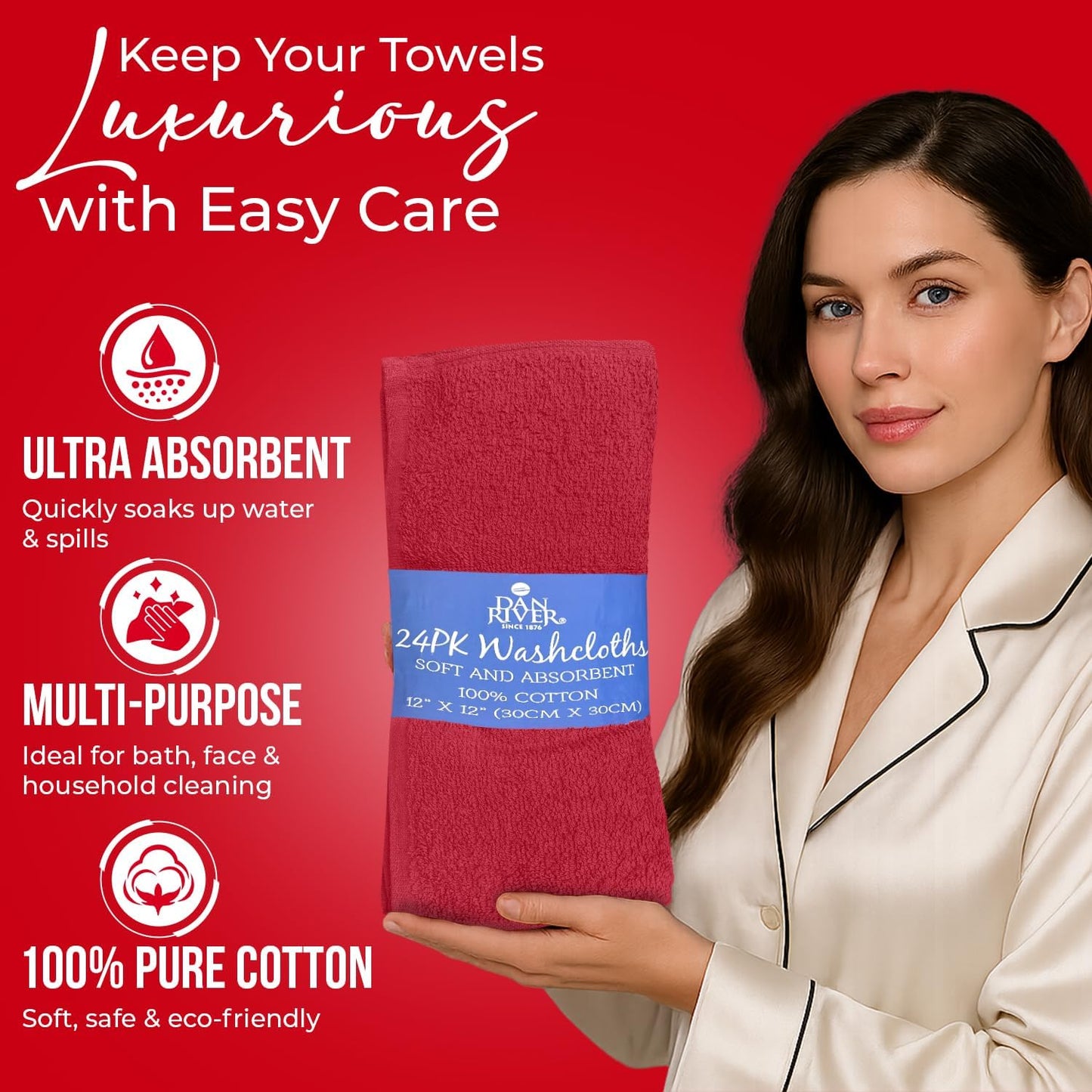 DAN RIVER 24 Pack Cotton Wash Cloths Set for Showering [12x12] Red | Lighter Weight, Quick to Dry, Super Soft &
