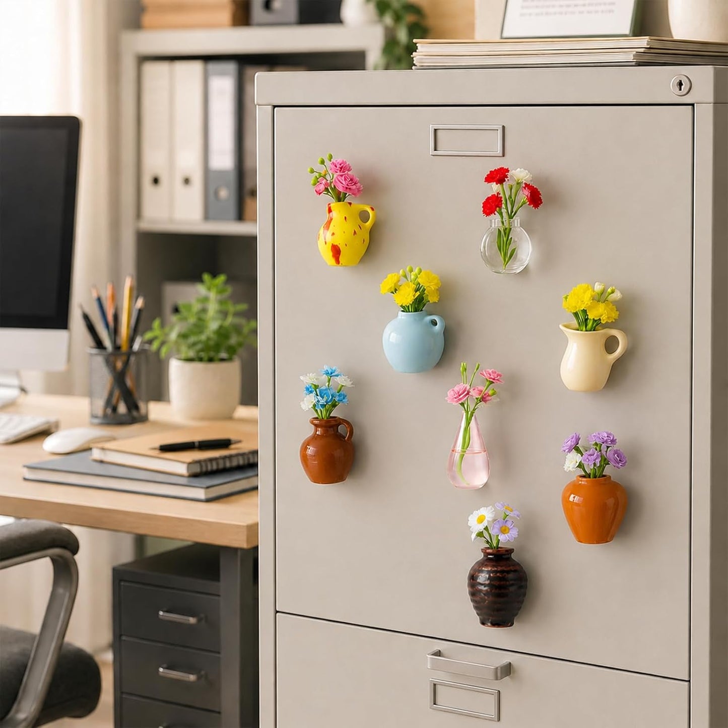 Artificial Flowers / Mini Vase Magnets for Fridge / Multy Color / White / Set of 8