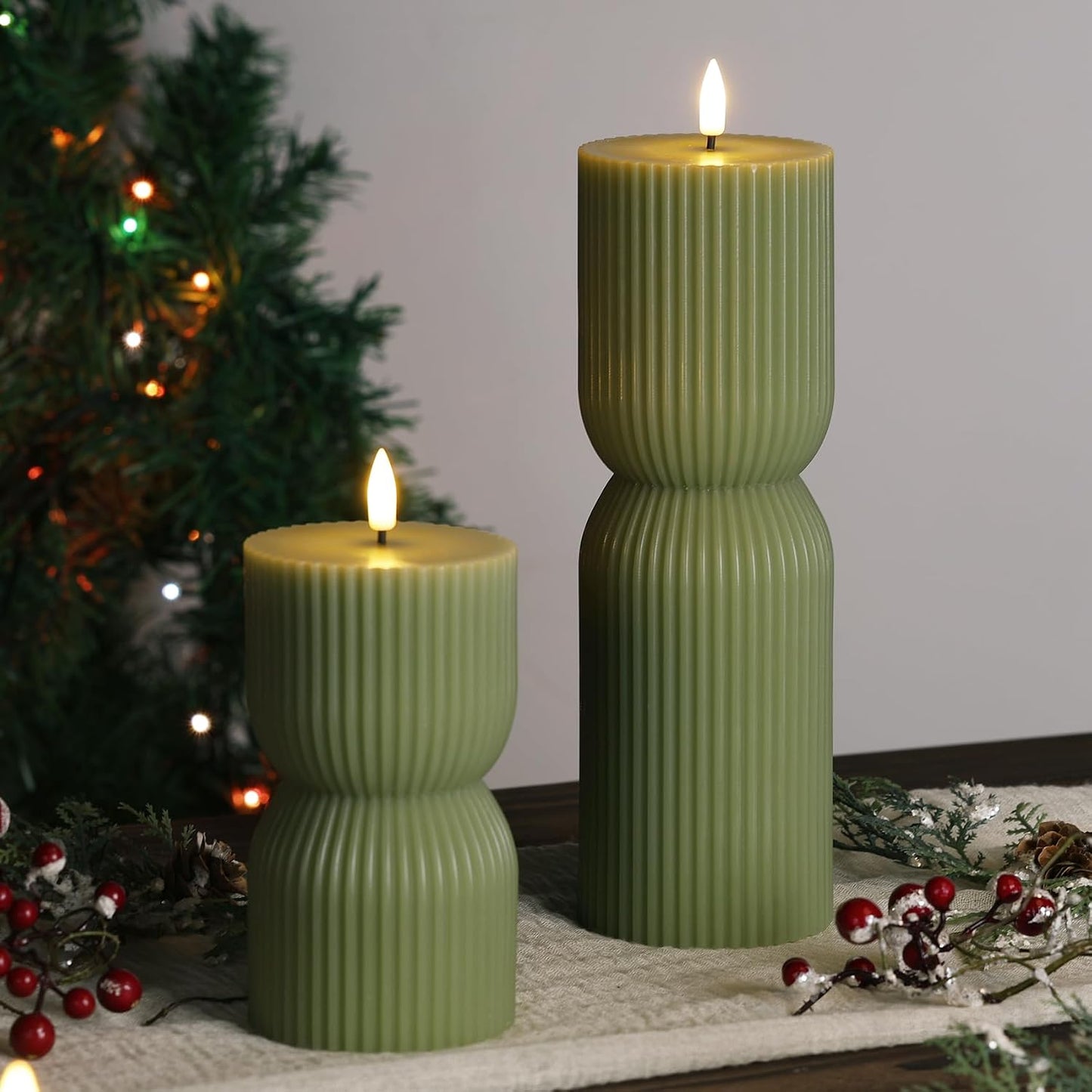 Ribbed Flameless Pillar Candles / Olive Green / Set of 2