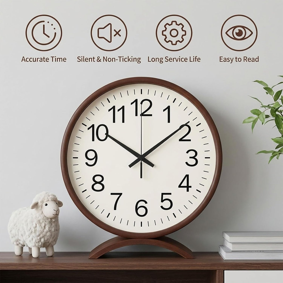 Maxspace Table Clock-8 Inch Silent Non-Ticking Wooden Timepiece Desk Clock, Battery Operated Decor Round Clock for