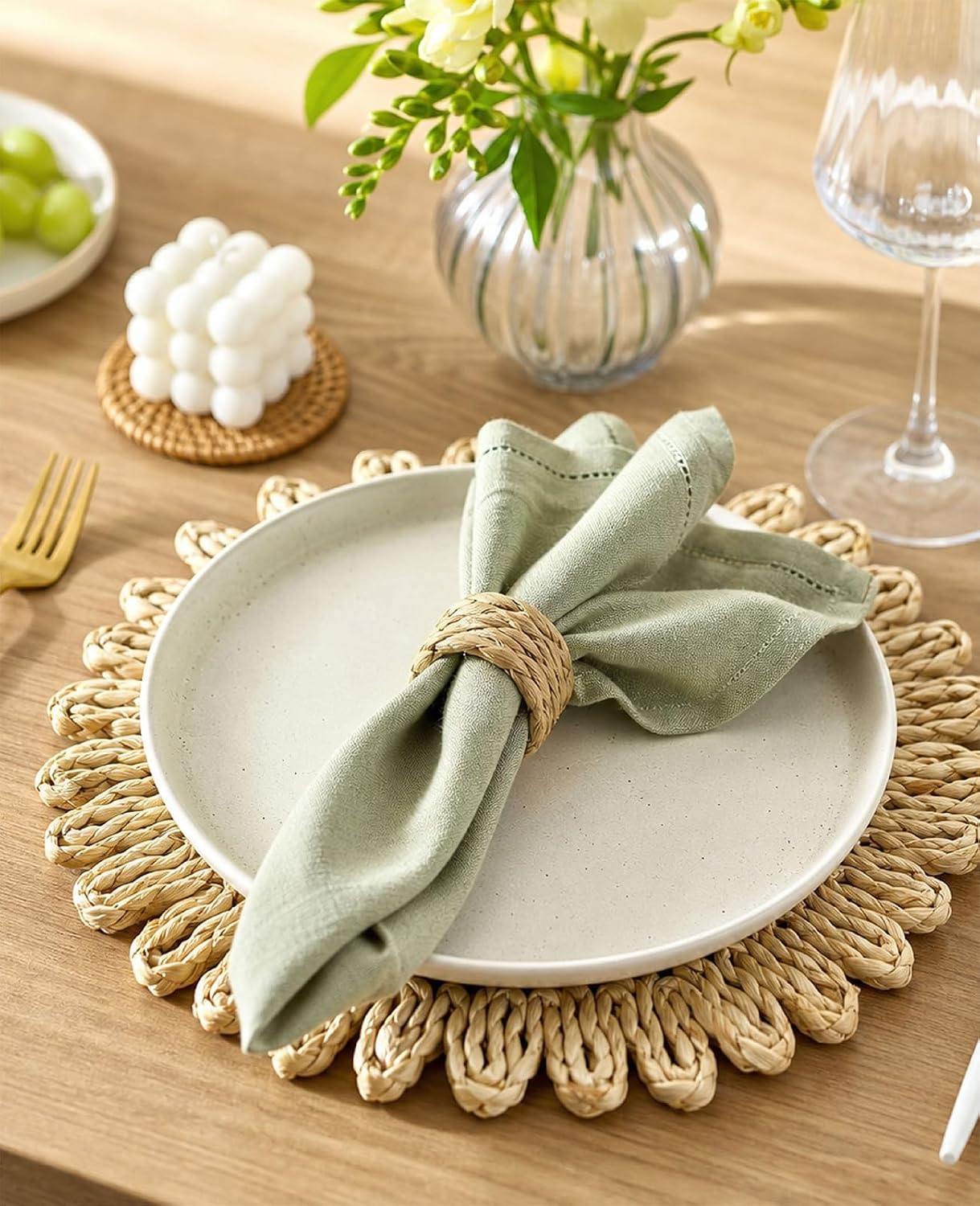 Handwoven Semicircle Water Hyacinth Wicker Napkin Holders for Rustic Boho Farmhouse Table