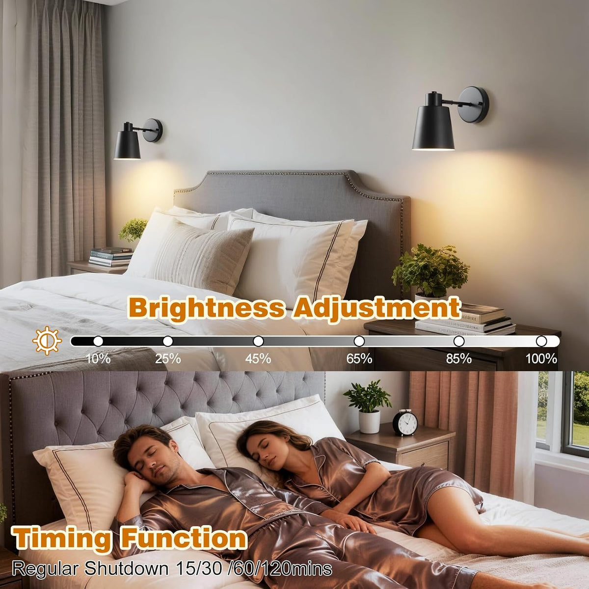 Black Battery Operated Wall Sconces Set of Two with Remote, Rechargeable Battery Powered Wall Lights, 3 Color