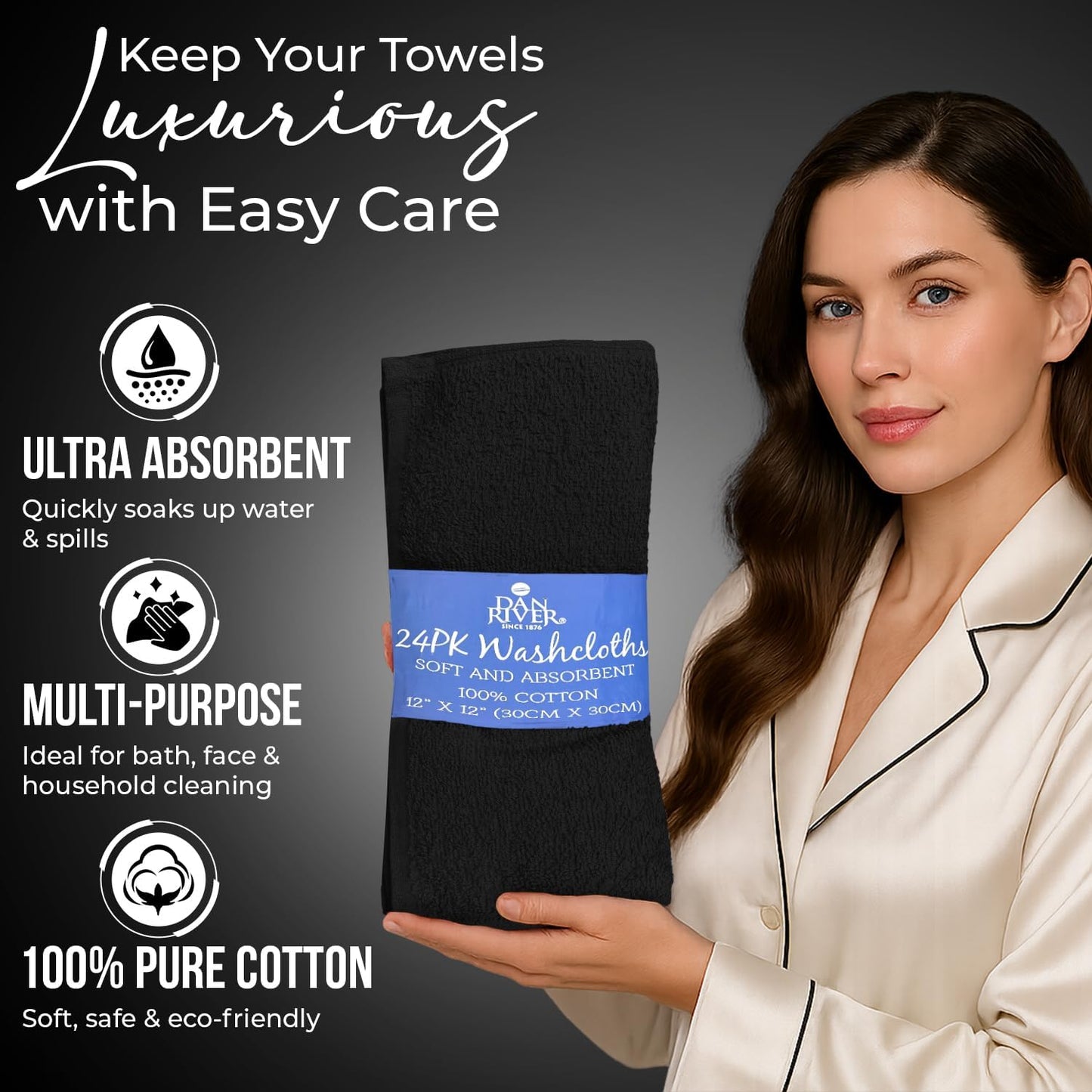 DAN RIVER 24 Pack Cotton Wash Cloths Set for Showering [12x12] Black | Lighter Weight, Quick to Dry, Super Soft &
