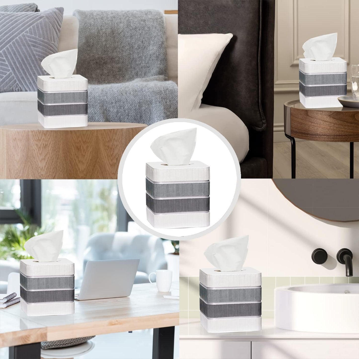 Zahari Home 2pc Modern Line Stylish Bath Accessories Set Waste Basket & Square Tissue Box Cover Classic Contemporary