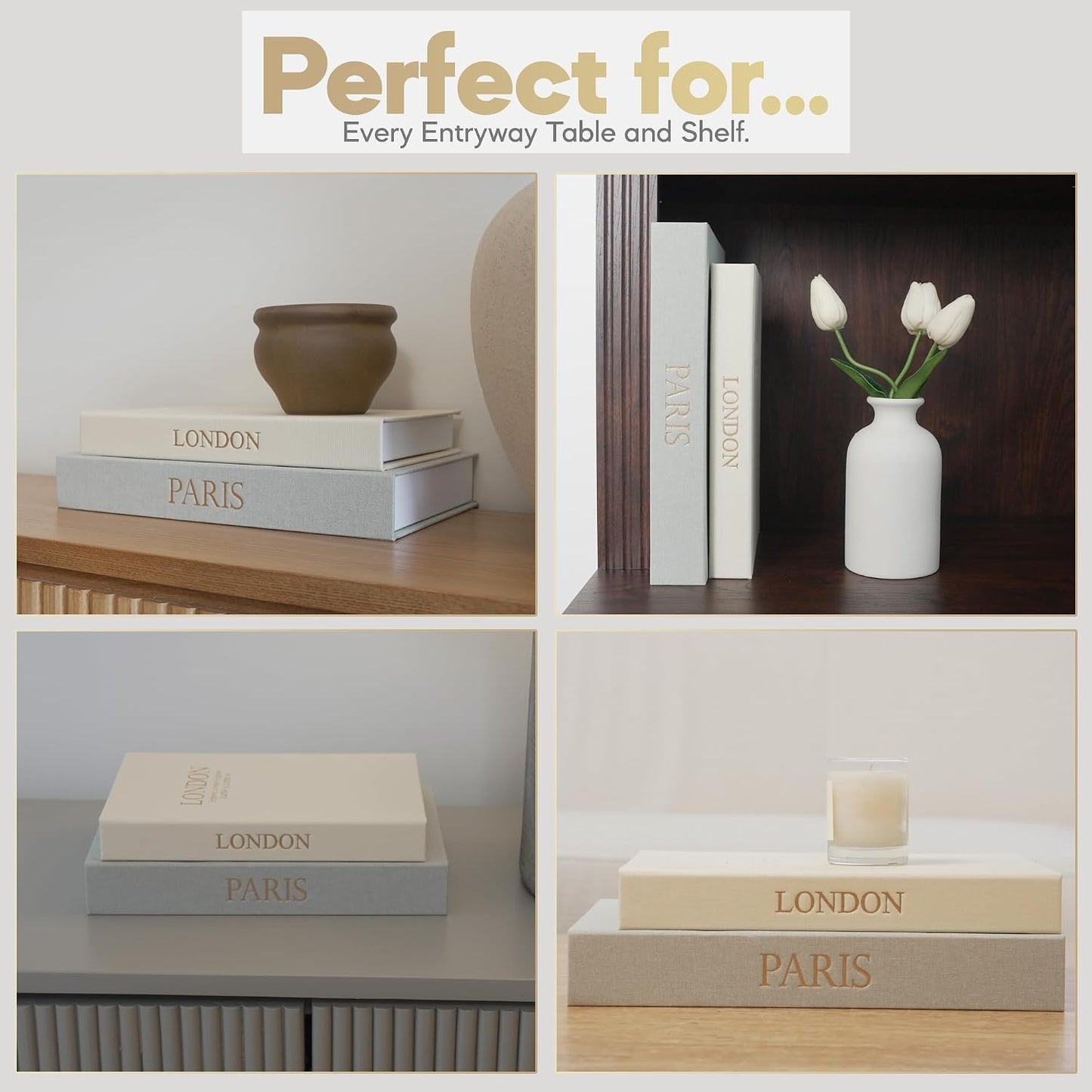 Faux Linen Book Boxes / Cream/green / Modern / Set of 2