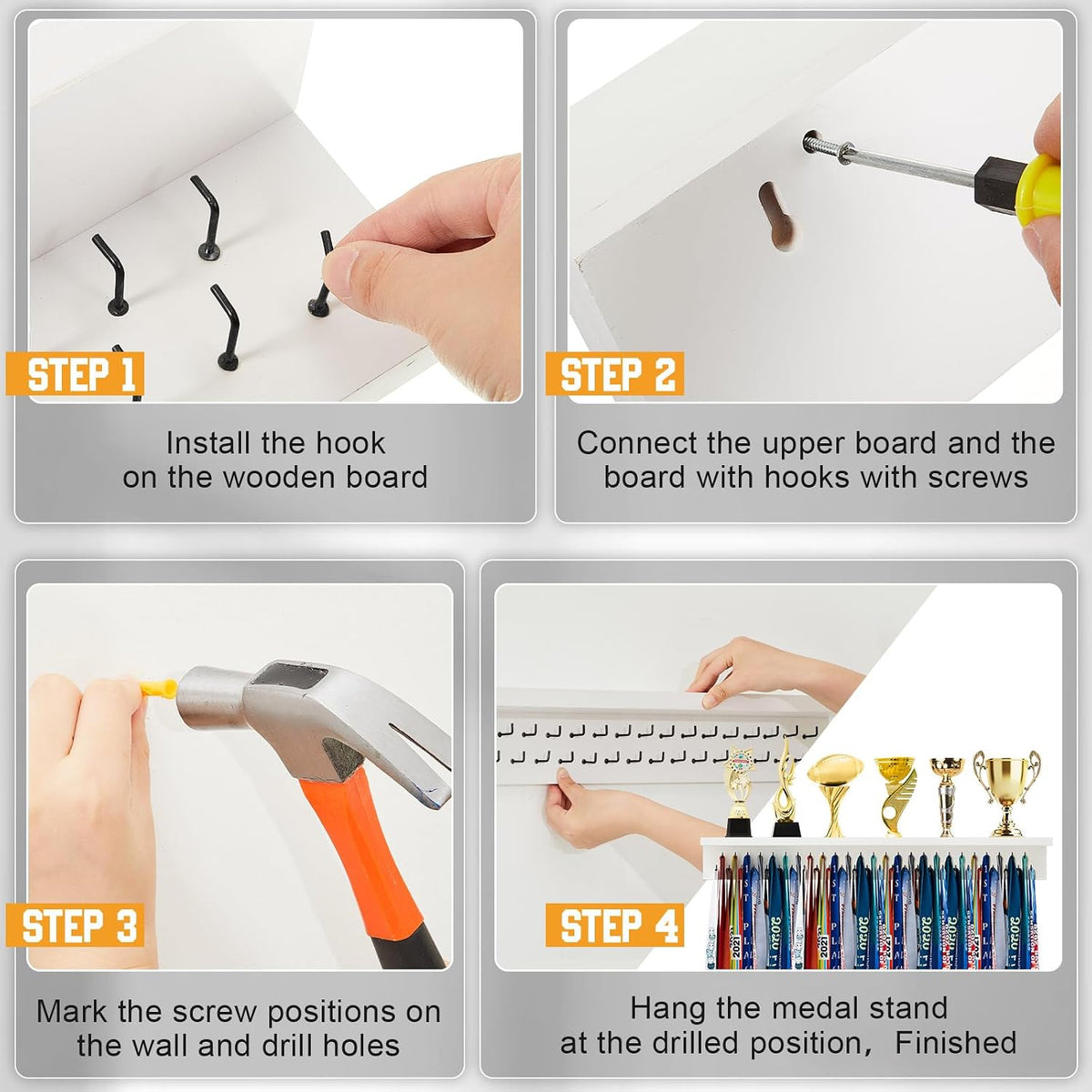 Wooden Medal Hanger Display Trophy Holder Shelf with 25/37/49/65/83 Hooks Wall Mount Ribbon Holder Gift for Gymnastics