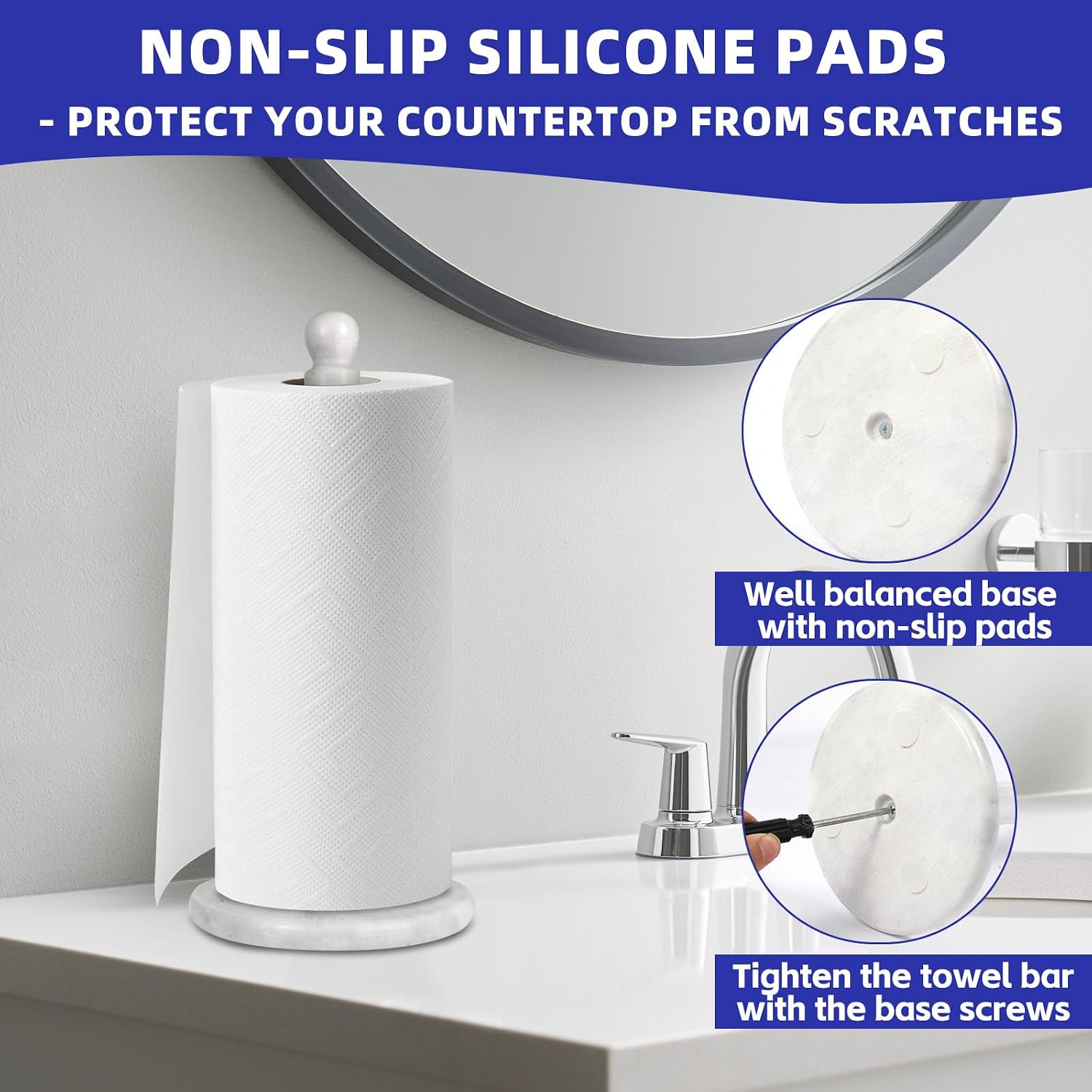 Natural Marble Paper Towel Holder for Kitchen Countertop - 2.6 lbs (1.2kg) Heavy Duty Weighted Base for One-Handed