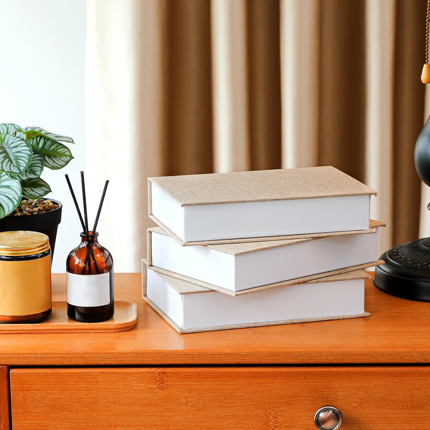 Fake Book Box Neutral Linen Book Box Decorative Faux Prop / 8.6 x 6.1 x 1.8 / Khaki / Set of 3