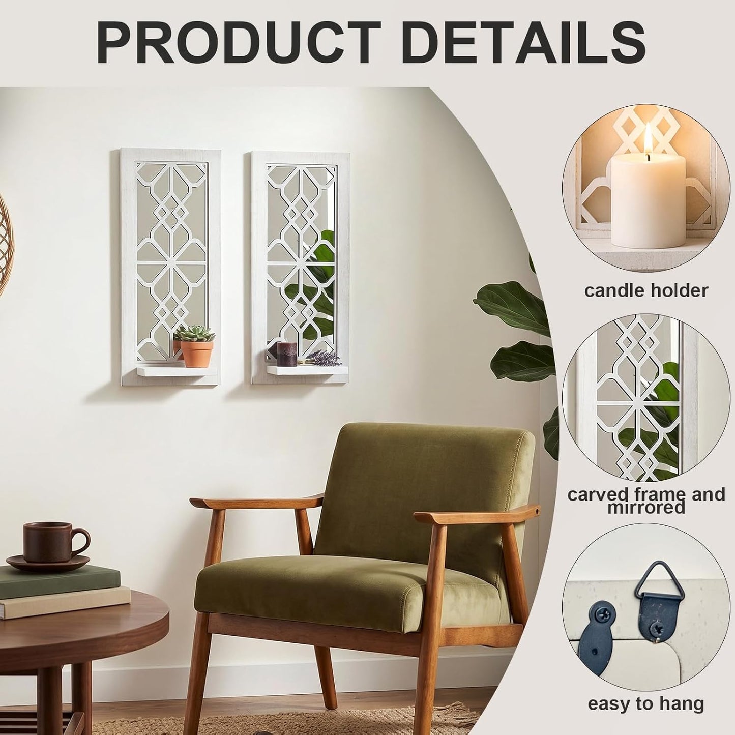 Rustic Candle Sconces Living Room Bedroom Entryway Wood Mirrored / White-16.5 Inch / Set of 2
