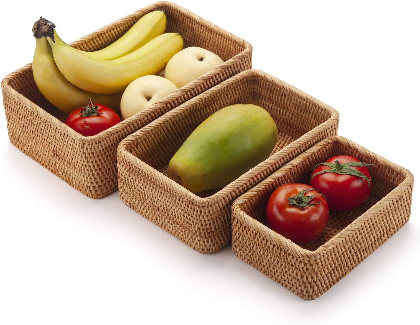 Rattan Fruit Storage Baskets Woven Wicker Box for Key Holder / Rectangular / Natural / Set of 3