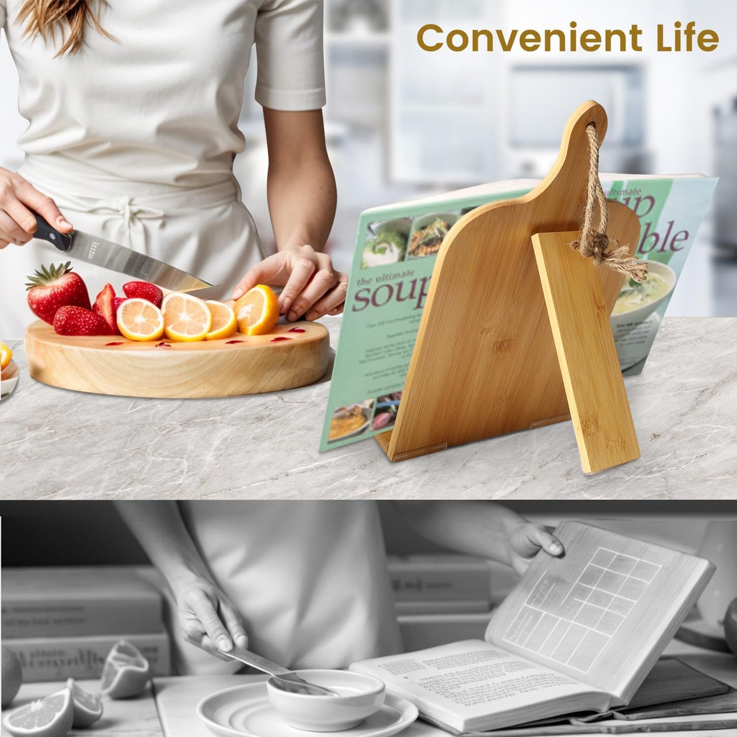 Cookbook Stand for Kitchen Counter, Bamboo Cookbook Holder, Foldable Cook Book Holder, Adjustable Recipe Book Stand