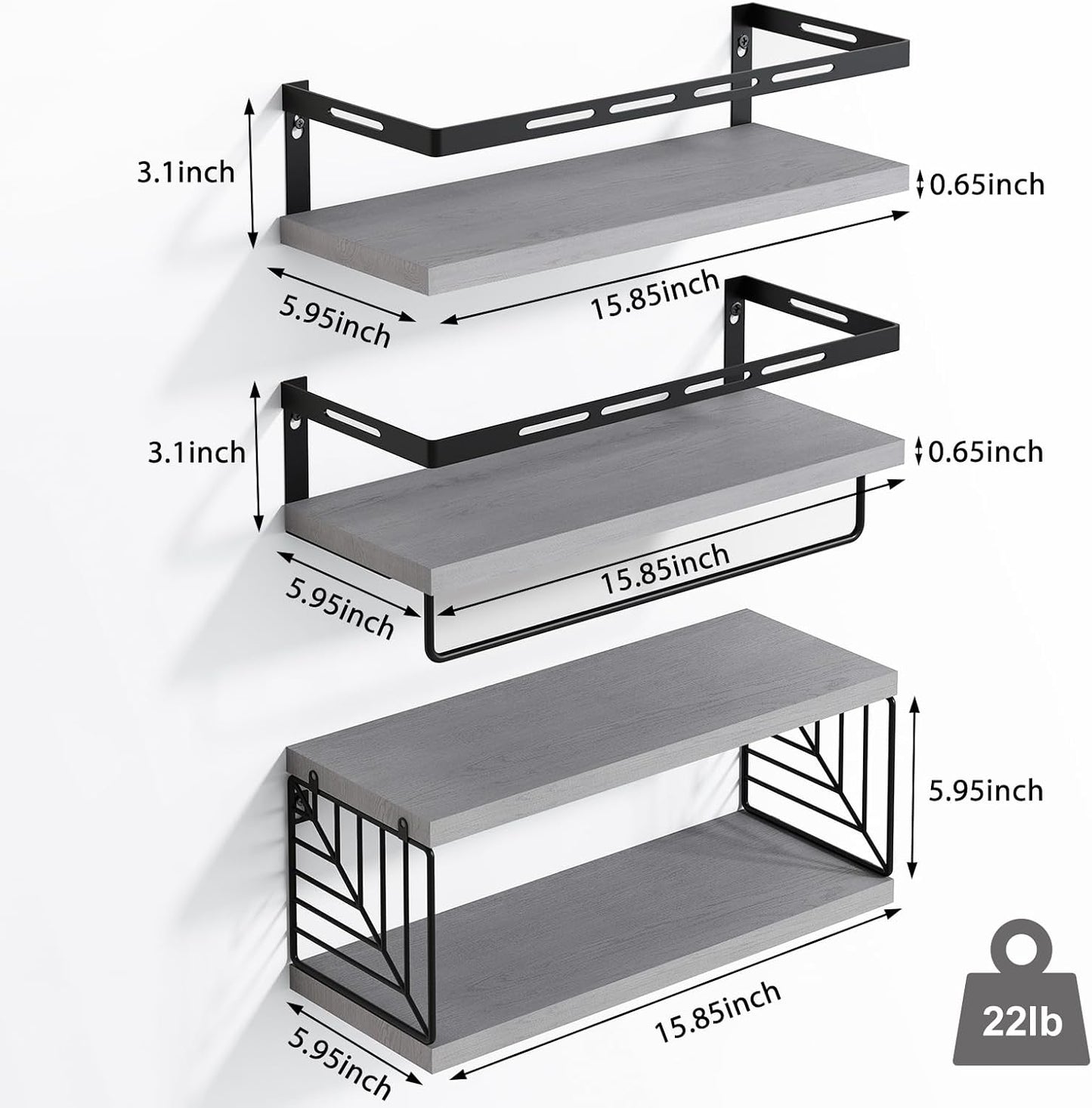 Fixwal Wall Mounted Bathroom Shelves Over Toilet (3+1 Gray) | Wall Shelf with Basket Storage , Towel Bar, Solid Wood