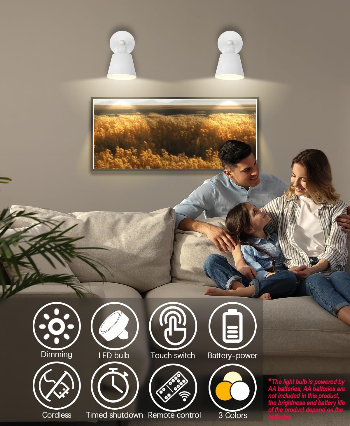 White Battery Operated Wall Sconce Set of Two, Easy to Install Wireless Lights for Wall, Remote Control Dimmable LED