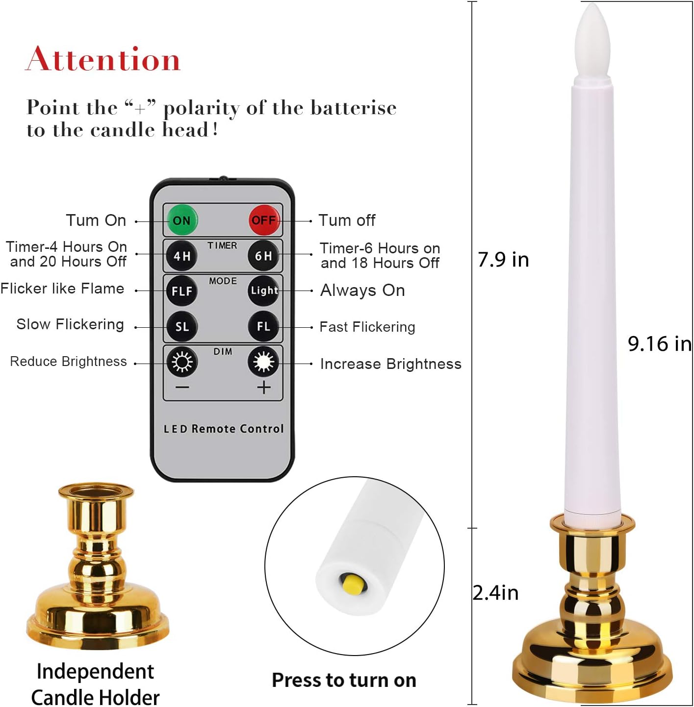 Flameless Window Candles with Gold Bases, Battery Operated Taper Candle with 4H/6H Daily Timer, Remote Window Candle