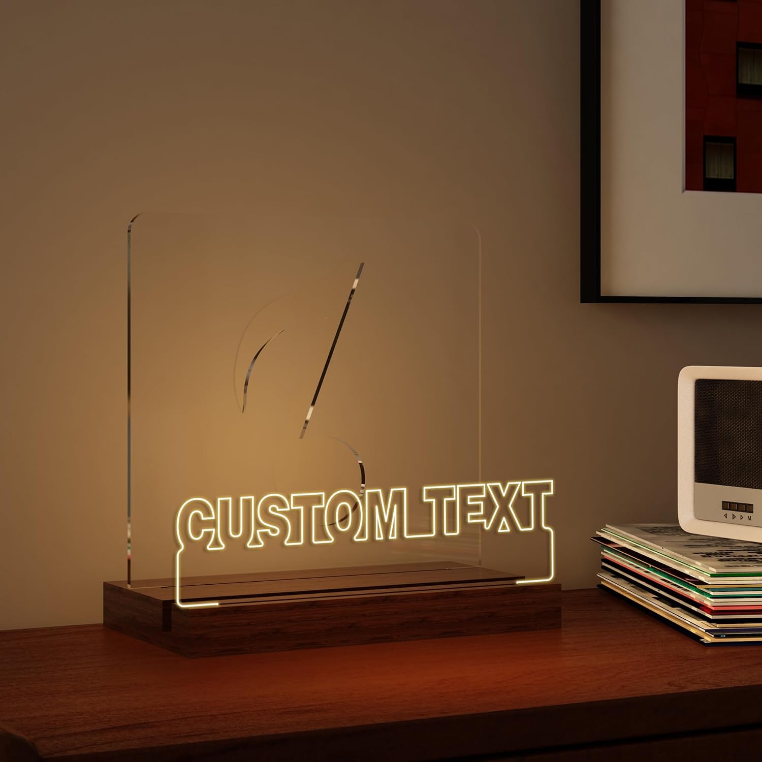 YuanDian Personalised Light up Now Playing Vinyl Record Stand, Now Spinning Record Stand, Wooden Acrylic Holder for