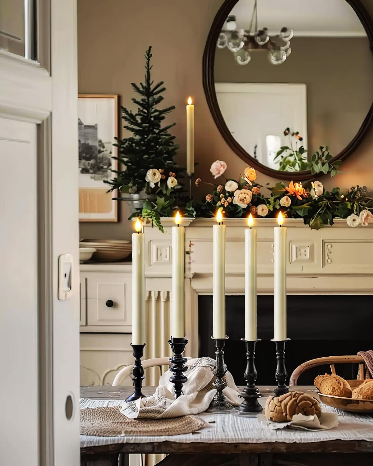 Homemory 12 Pcs Plastic Flameless Taper Candles with Remote Timer Dimmer, Ivory Led Candlesticks with Flickering Flame