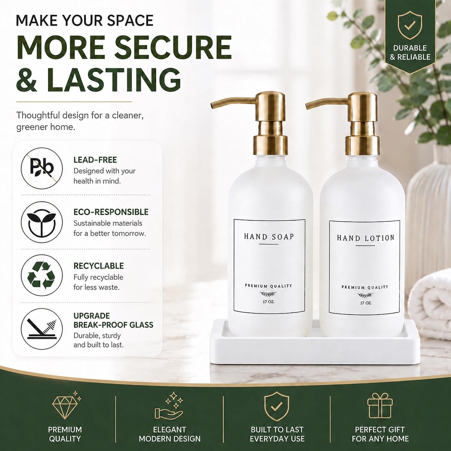 Thick Glass Soap Dispenser - Kitchen Dish Hand Soap Dispenser Set,Rustproof Pump Soap Lotion Dispenser Bathroom with