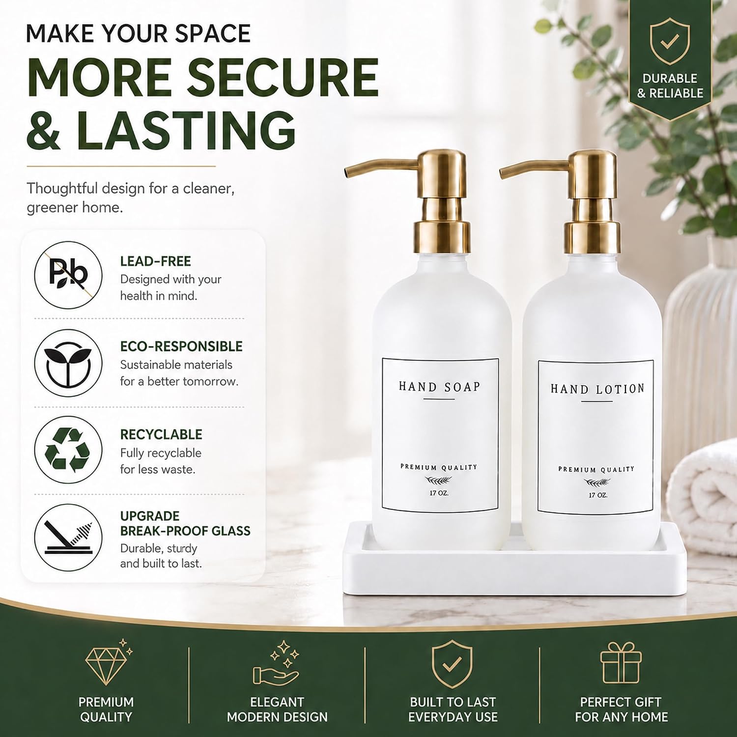 Thick Glass Soap Dispenser - Kitchen Dish Hand Soap Dispenser Set,Rustproof Pump Soap Lotion Dispenser Bathroom with