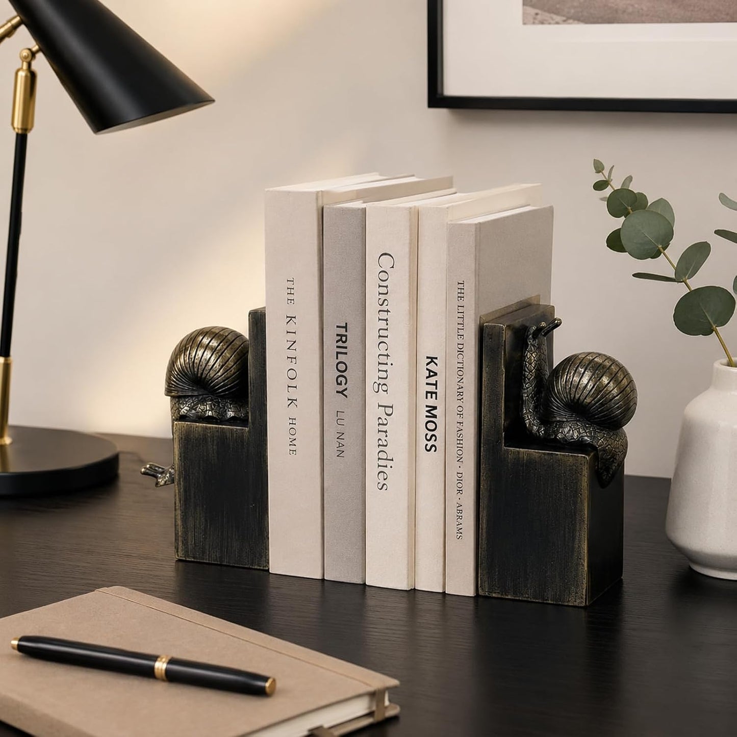 Snail Bookends / Snail Book Ends Resin Animal Bookends / Black Gold / Set of 2