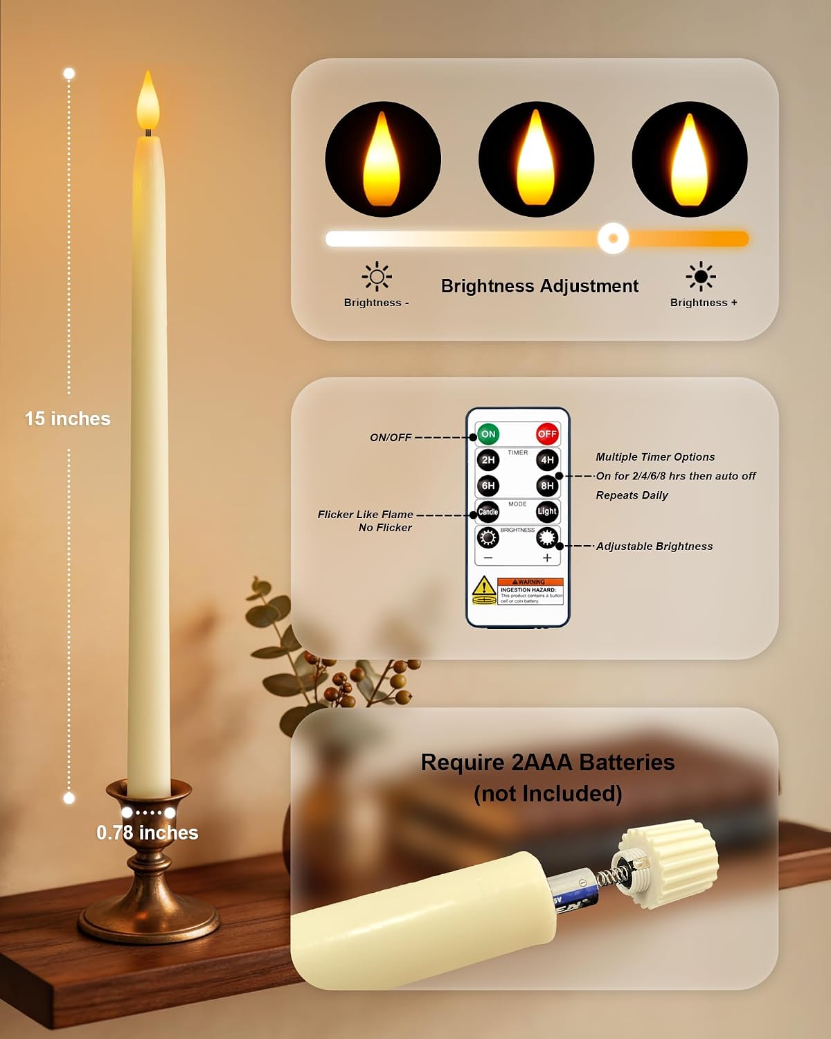 Homemory 15 inches Real Wax Flameless Taper Candles with Remote Timer, 6 Pcs Ivory LED Taper Candles Battery Operated