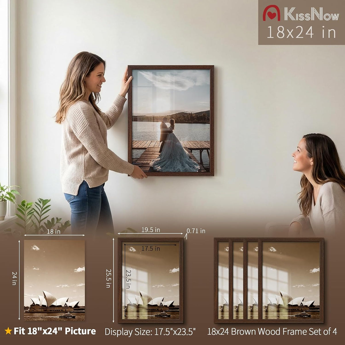 18x24 Poster Frame 4 Pack, Brown Solid Wood, Gallery Wall Hanging | Thick & Wide Border, Polished Plexiglass, Vertical
