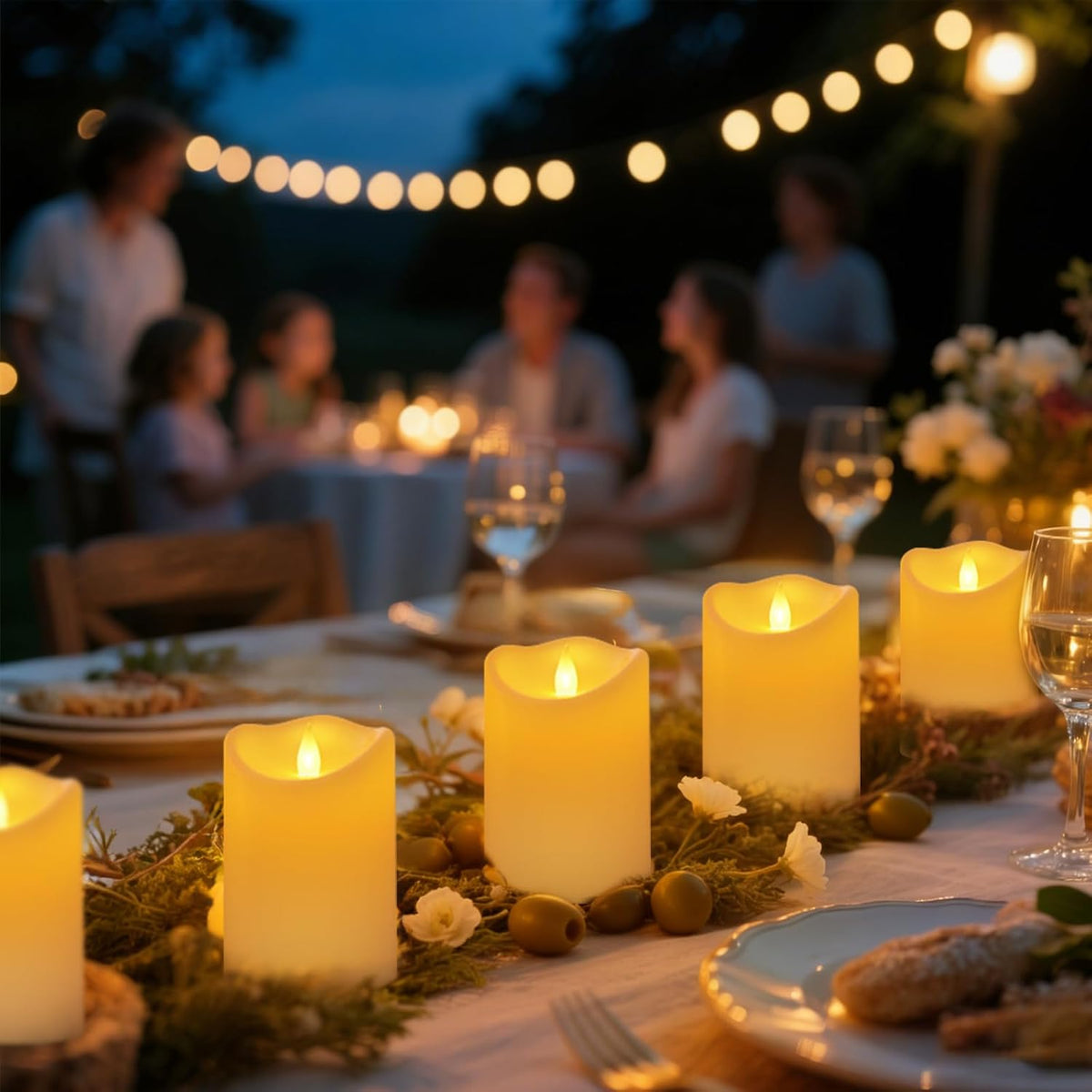 Outdoor Flameless Candles, Patented 3D Dual-LED, Set of 9 Slanted Resin Pillars with 2 Remotes, Bulk Party Decor for