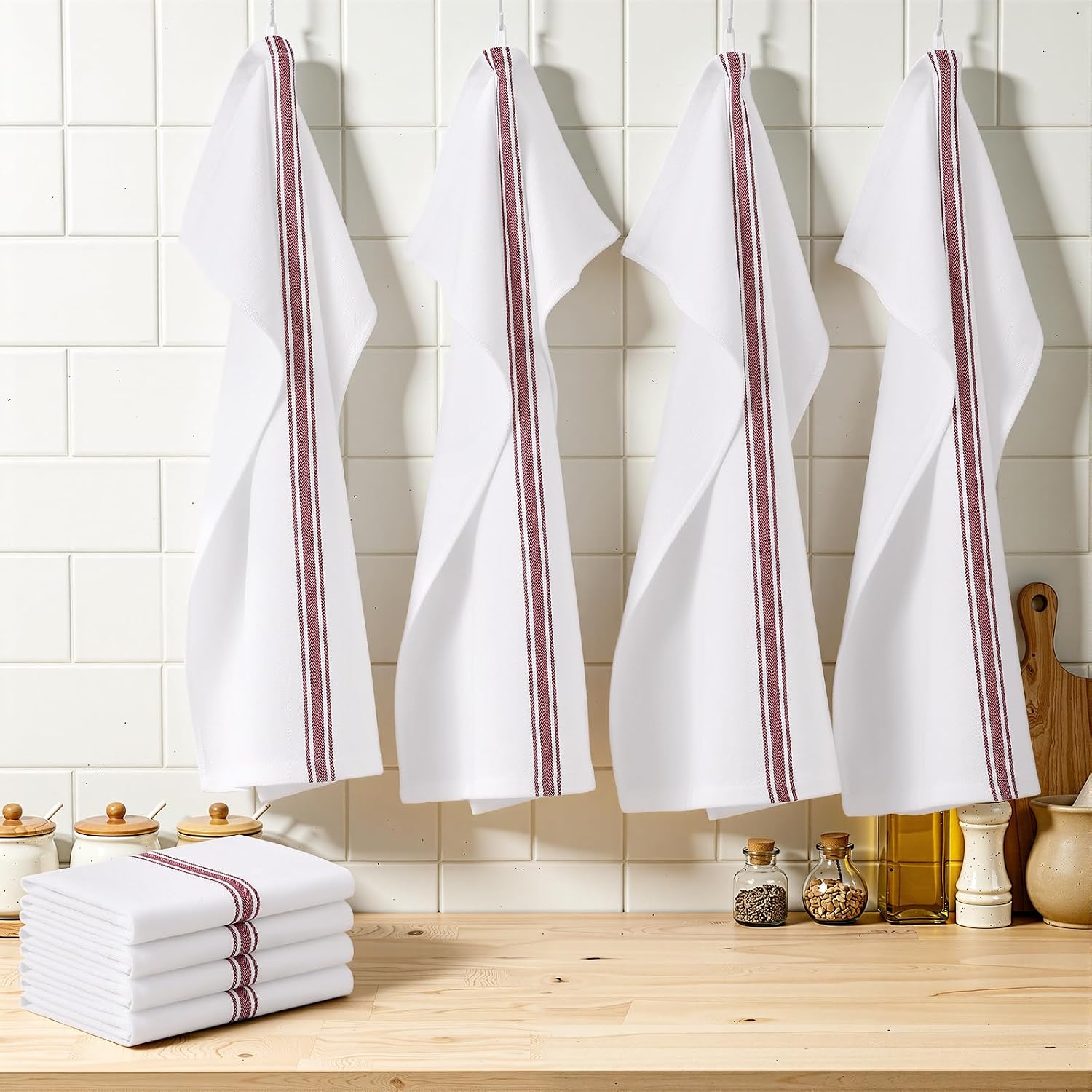 Homaxy 100% Ring Spun Cotton Kitchen Towels 24 Pack, Red Stripe | 15 x 25 Inch, Highly Absorbent Dish Towels for