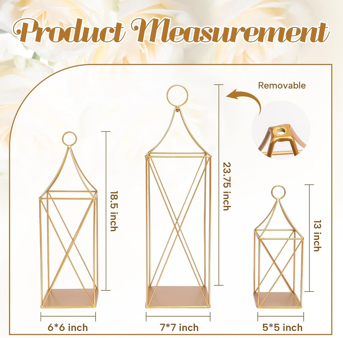 HPC Decor Tall Metal Lantern Decor Set of 3-24" 19" 13" Elegant Decorative Lanterns with Garlands-Modern Gold Candle