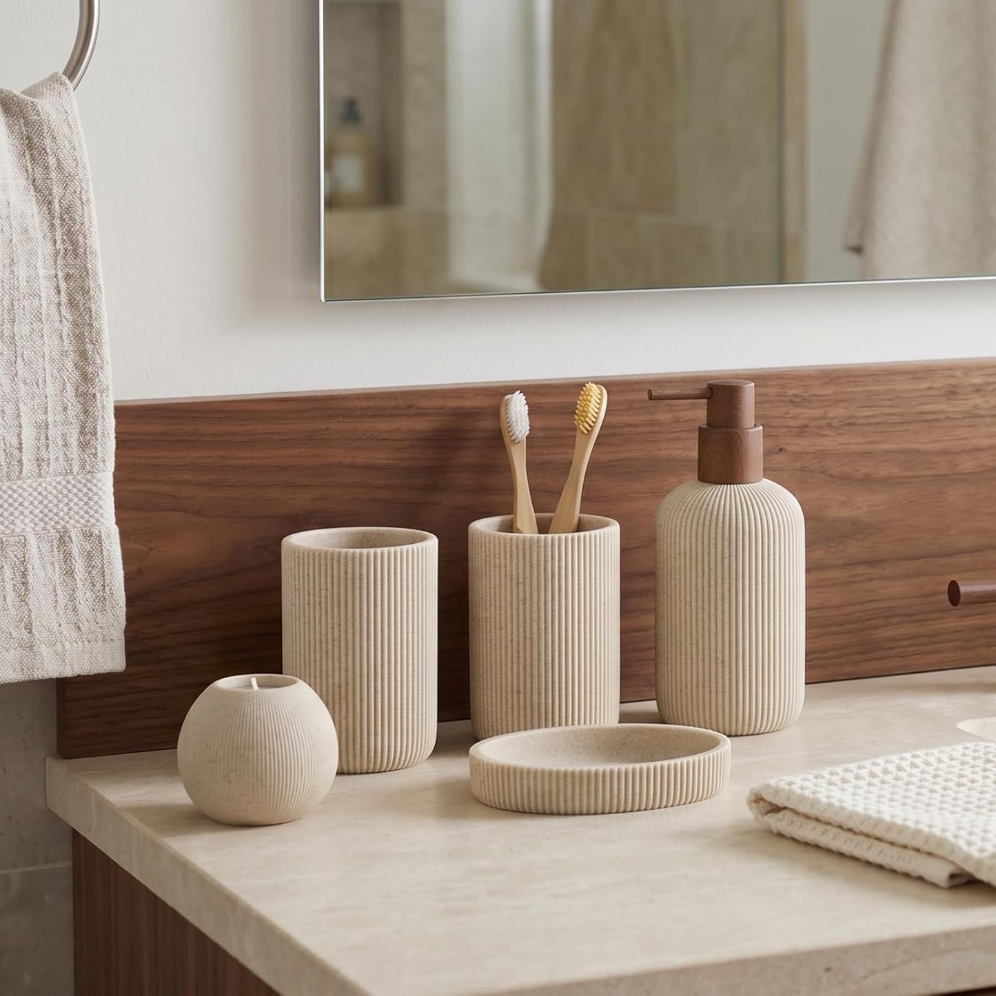 Sandstone Look Stripe Modern Bath Organizer / Beige / Set of 5