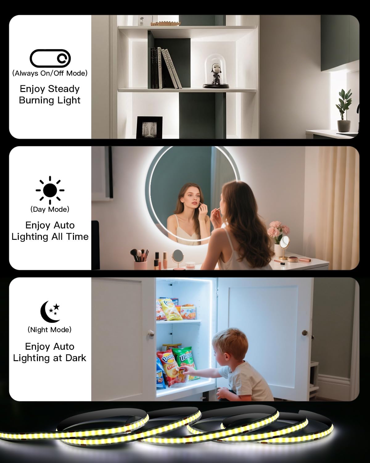 Rechargeable Motion Sensor COB LED Lights Strips, 2 Pack 6.56FT Motion Activated Under Cabinet LED Strip Lights 2200mAh