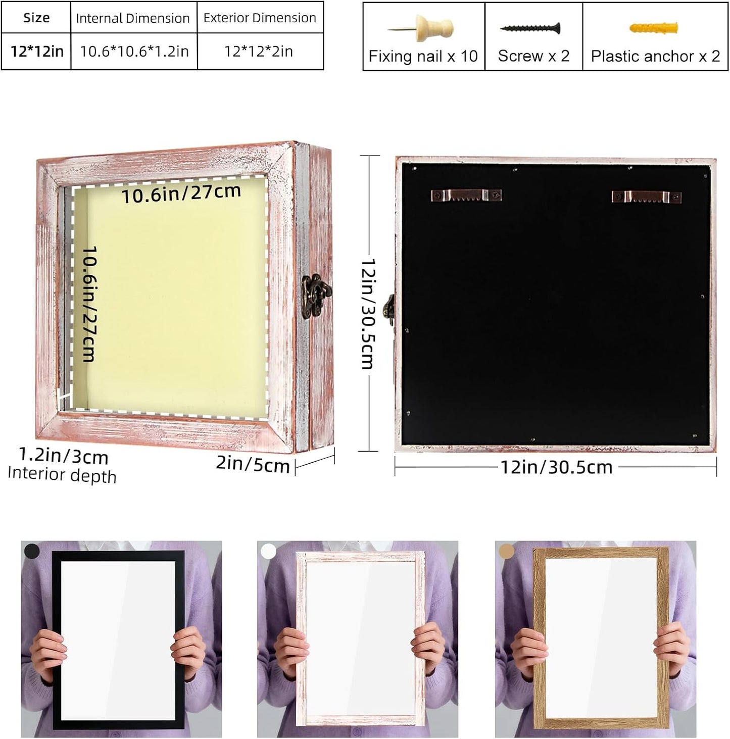 TJ.MOREE Shadow Box 12 x 12 Display Case Wood Picture Frame White Pink | Memory Box with Linen Back for Memorabilia