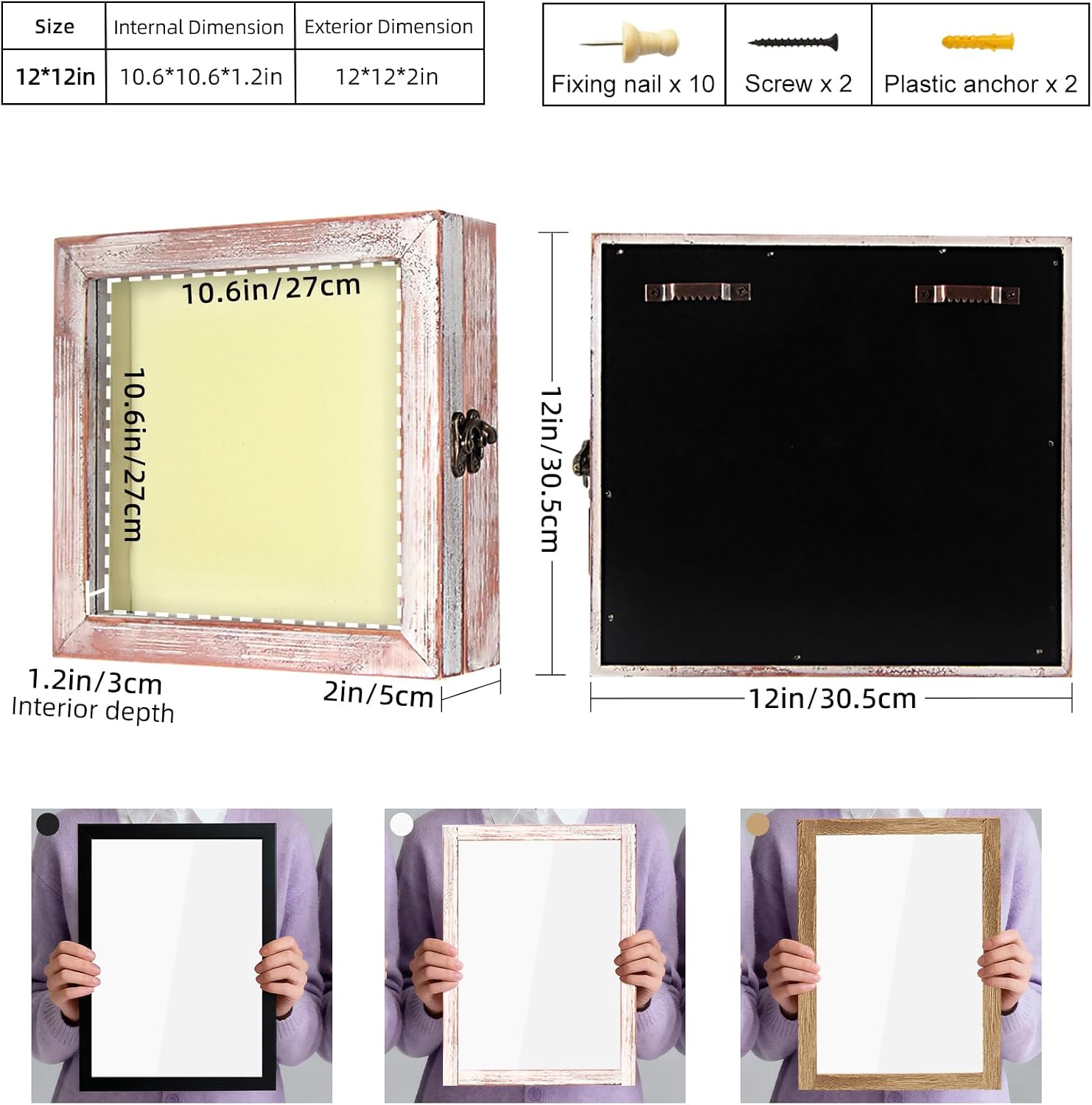 TJ.MOREE Shadow Box 12 x 12 Display Case Wood Picture Frame White Pink | Memory Box with Linen Back for Memorabilia
