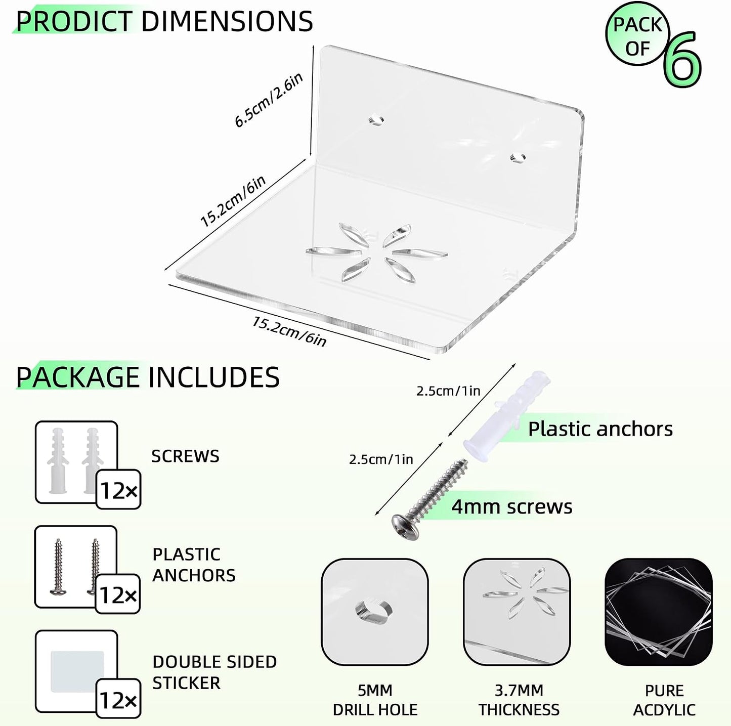 Acrylic Wall Shelves,Clear 6 inch Floating Shelves for Display,Echo,Cameras,Speaker,Router Wall Mounted Transparent
